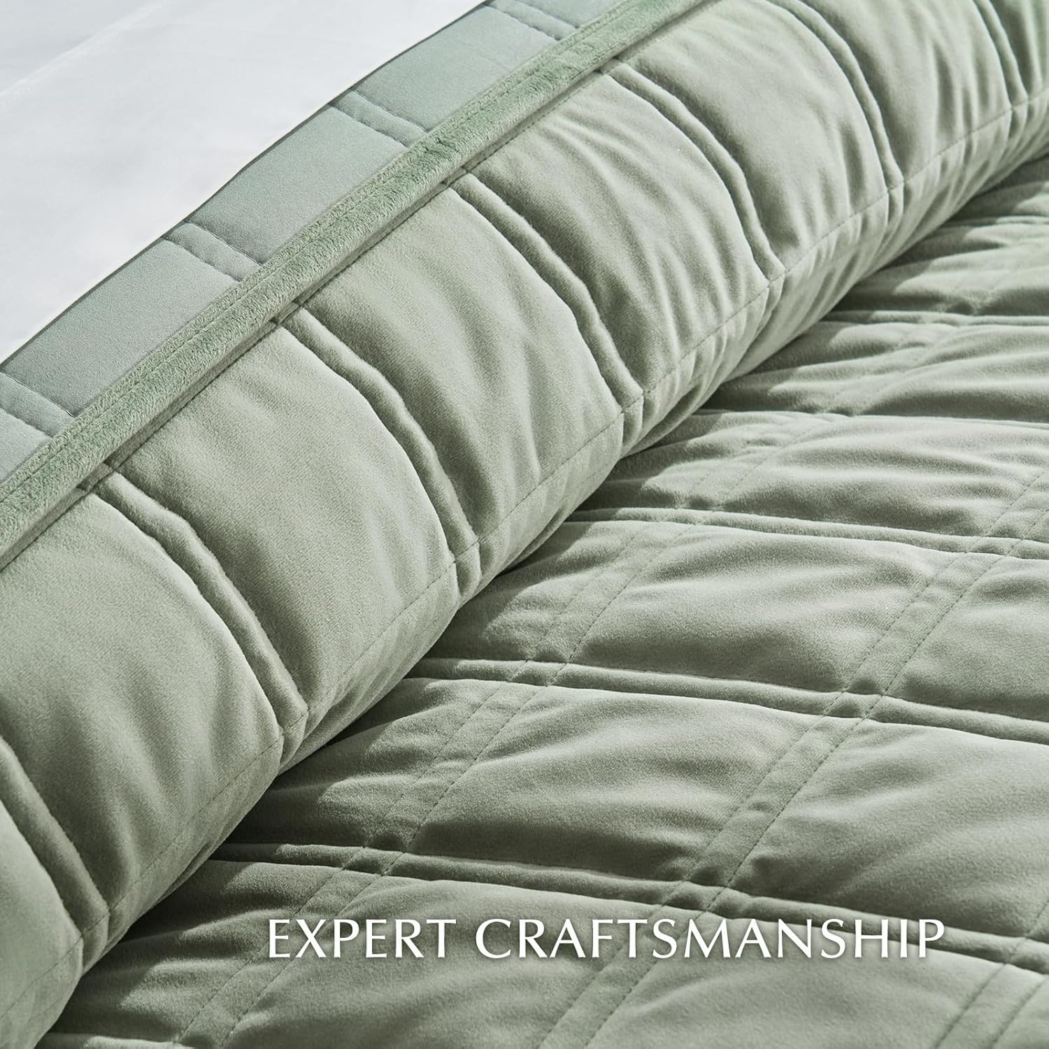 EVERGRACE 3 Pieces Luxurious Velvet Quilt King Size, Ultra Soft Bedspread Coverlet Set, Double Box Stitch Lightweight Velvet Comforter for All Season with 2 Shams, Sage Green, 108"x96" - Image 5