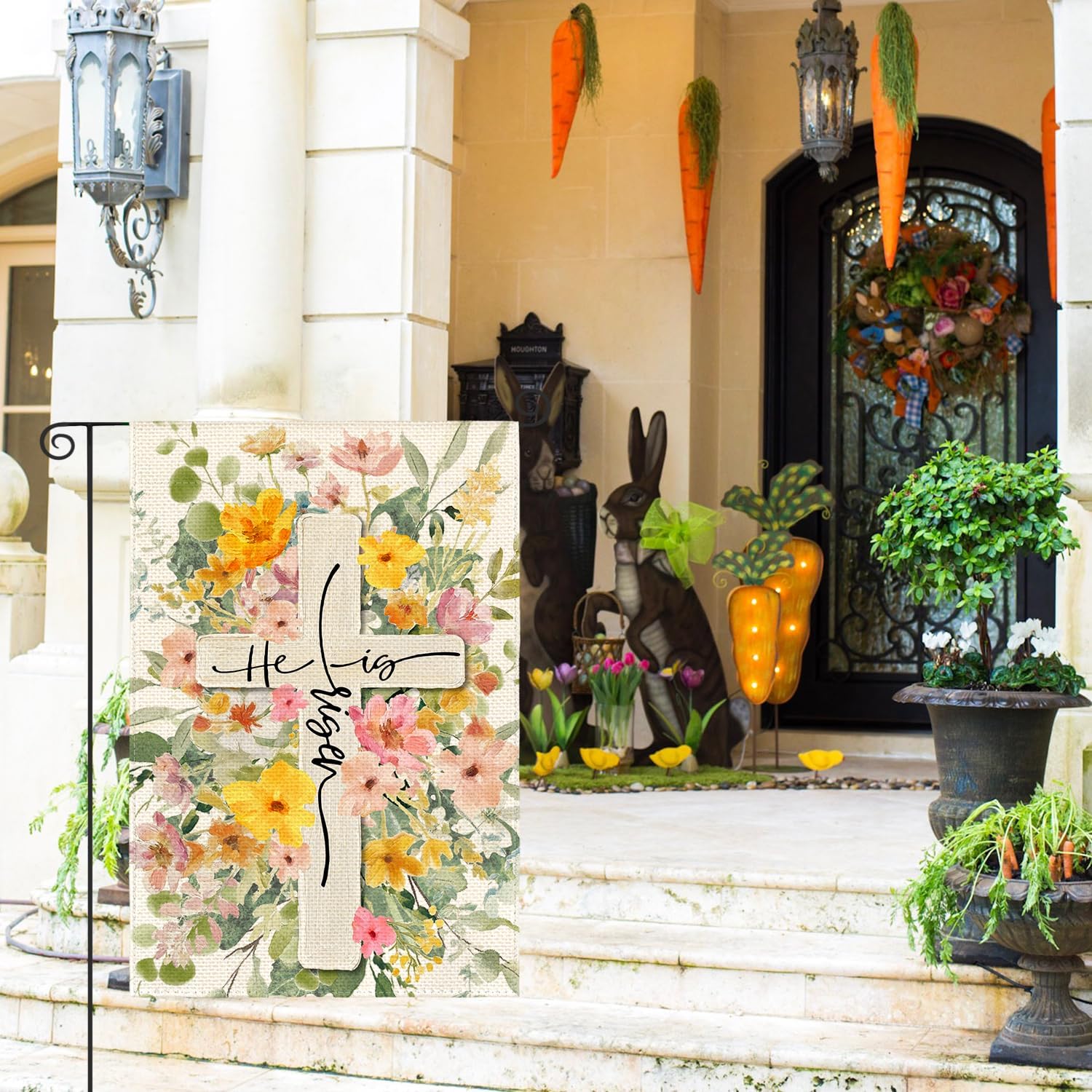 AVOIN colorlife Floral Easter Garden Flag 12x18 Inch Double Sided Outside, He Is Risen Cross Flowers Yard Outdoor Flag - Image 2