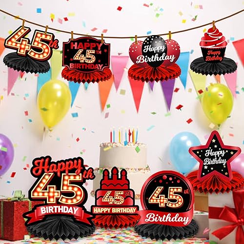 Miniatura 6 de Globos de mesa de feliz cumpleaños número 45 rojo y negro con forma de panal de abeja, decoración de mesa para niñas, mujeres, princesas, 45 años,
