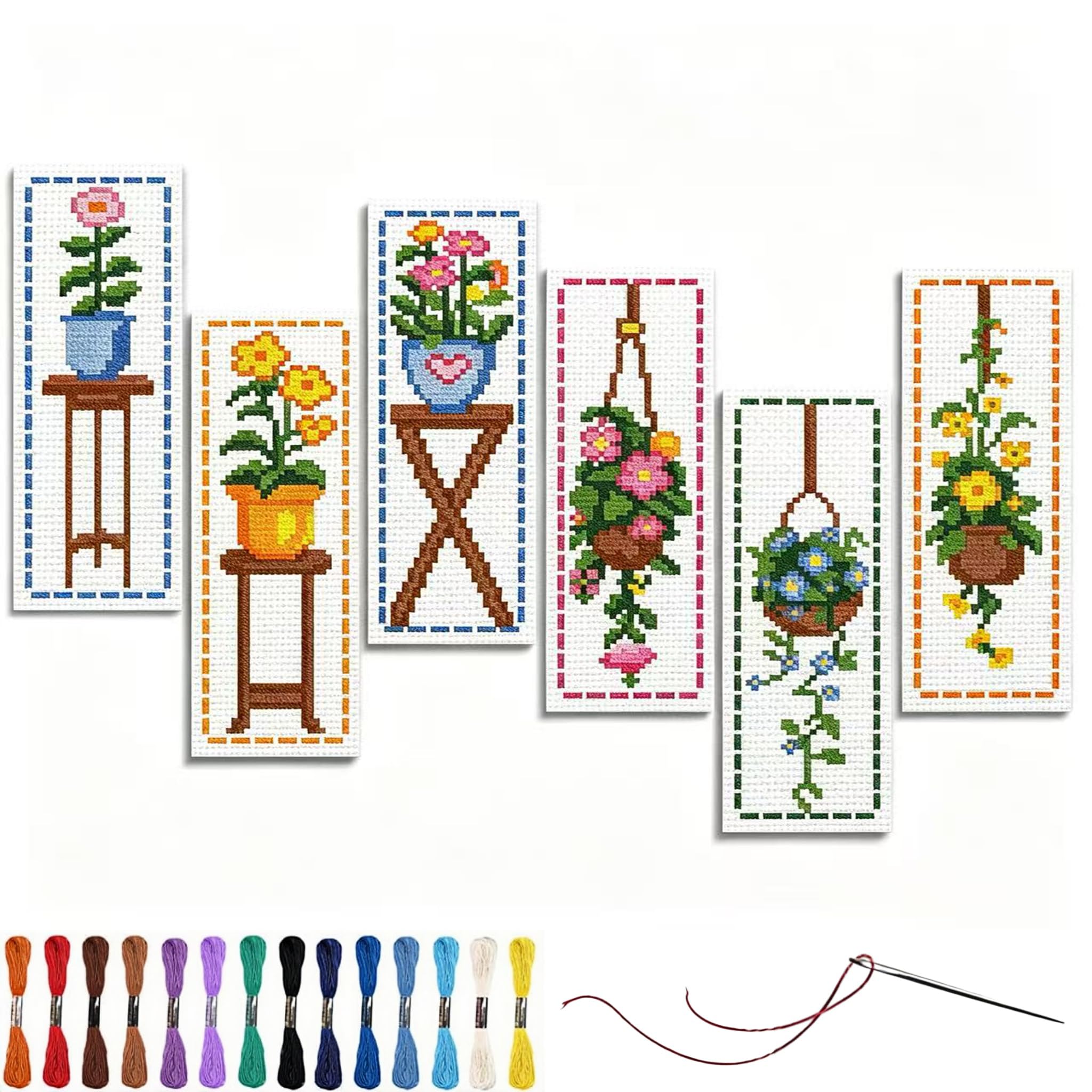 YEESAM ART 6 Pack Cross Stitch Bookmarks Kits Pre Printed for Adults & Beginners Flowers on the windowsill, 11ct DIY Stamped Cross-Stitch Embroidery Bookmark Making Kit for Gift 47x28cm