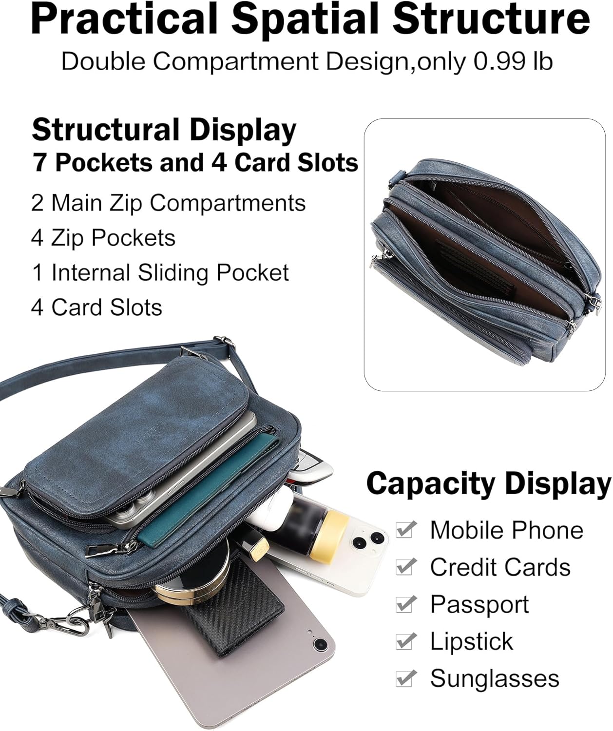 FADEON Crossbody Bags for Women Multi-pocket Leather Crossbody Purses, Designer Shoulder Bag Purse Removable Strap Blue - Image 4