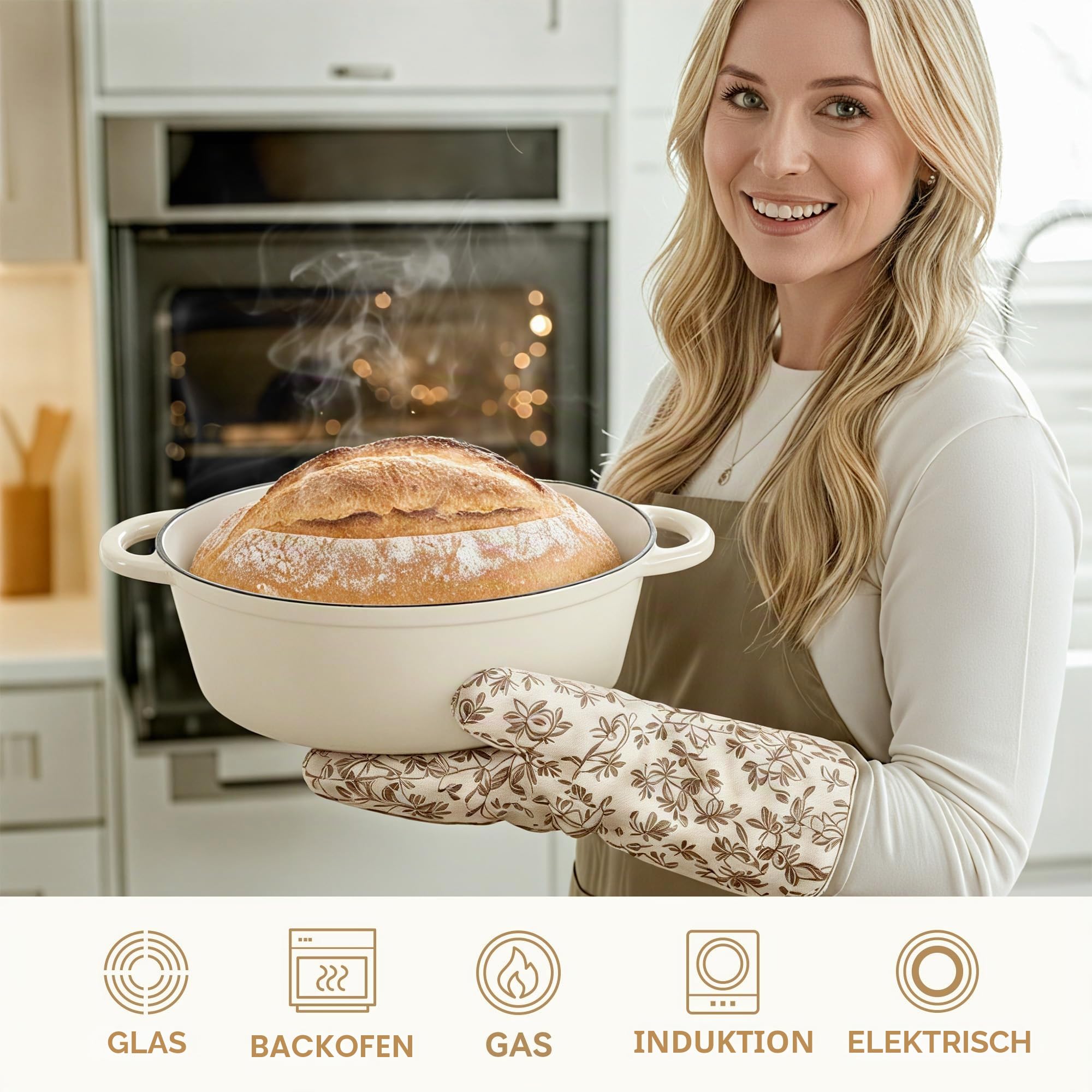 Ovaler Dutch Oven zum Brotbacken, 4,5 Quart Antihaft-Emaillierter Gusseisen-Dutch Oven Topf mit Deckel, ofenfest, ovale Kasserolle mit Deckel bis 260 °C zum Backen, Schmoren, Eintöpfe, Braten (Beige)
