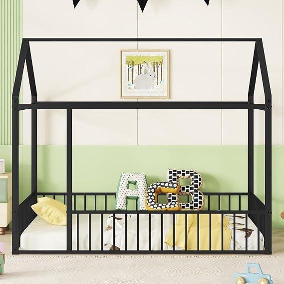Bellemave Full Size Montessori Floor Bed, Metal House Bed Framefor Kids, Montessori Floor Beds with Fence, Playhouse for Kids, Black