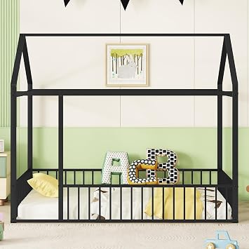 Bellemave Full Size Montessori Floor Bed, Metal House Bed Framefor Kids, Montessori Floor Beds with Fence, Playhouse for Kids, Black