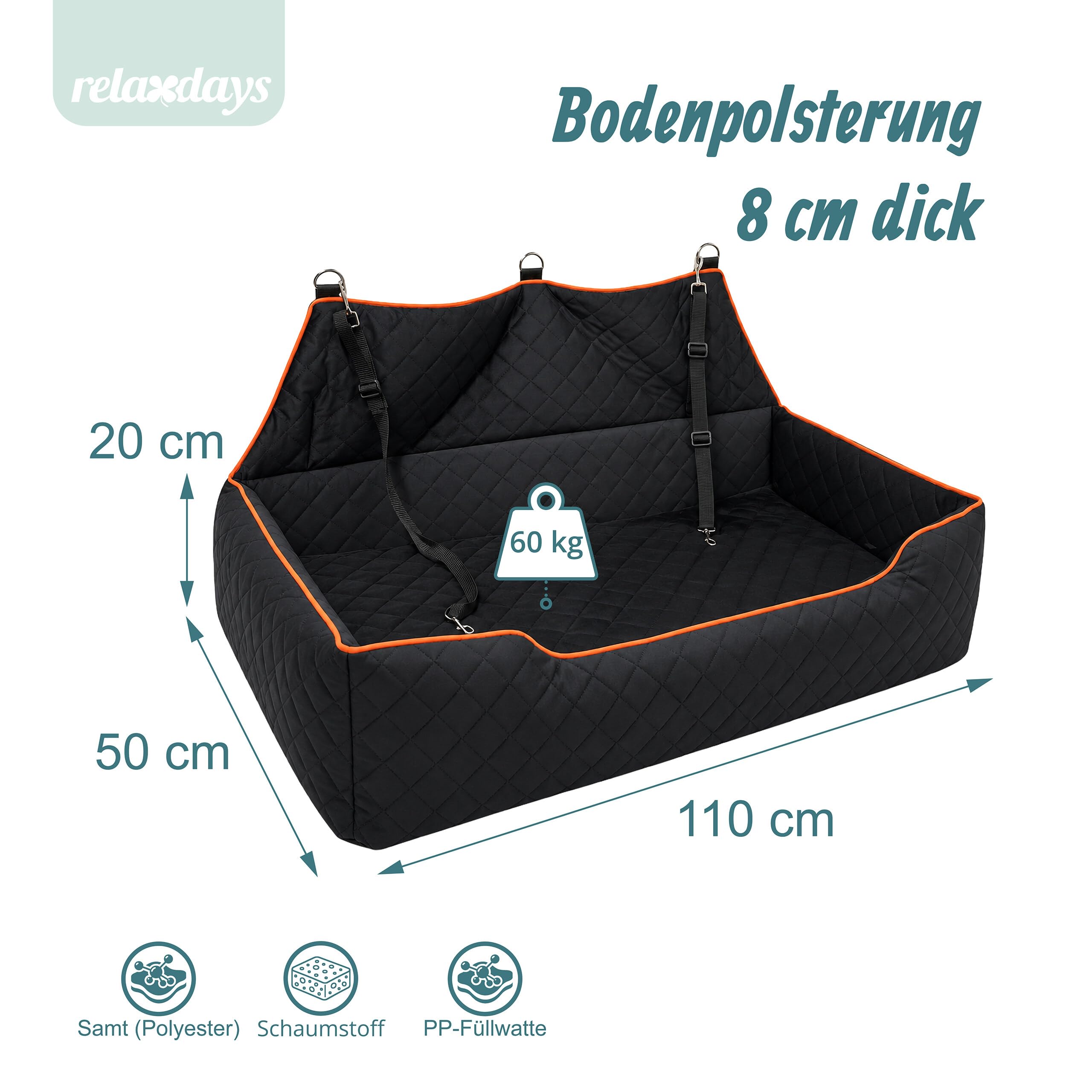 Relaxdays Hundeautositz, Kofferraum & Rückbank, schwarz | große Hunde bis 60 kg, XXL, Kofferraumschutz, HBT: 20x110x50 cm