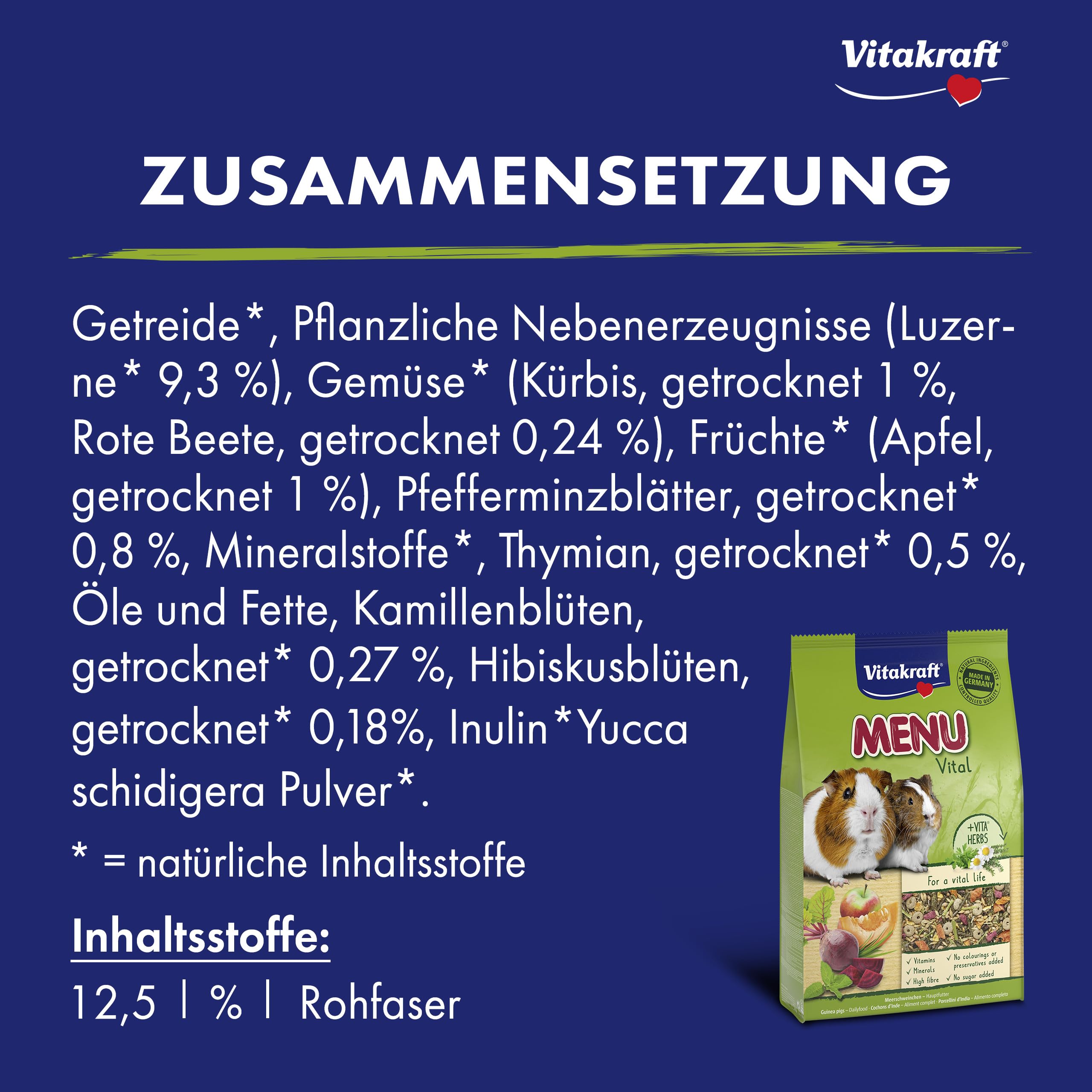 Vitakraft Menü Vital, alimento completo per porcellini d'India, con mela, con zucca, con barbabietola rossa, arricchito con erbe aromatiche, senza l'aggiunta di zuccheri e cereali (1x 5kg)