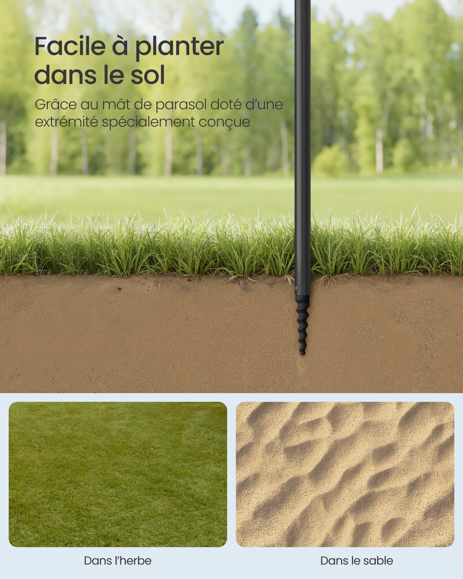 SONGMICS Parasol 160 cm, UPF 50+, Inclinaison de 30° des 2 Côtés, Hauteur Réglable, Petite Tablette, Crochets, Adapté pour Plage, Jardin, Sans Base, Bleu GPU0080Q01