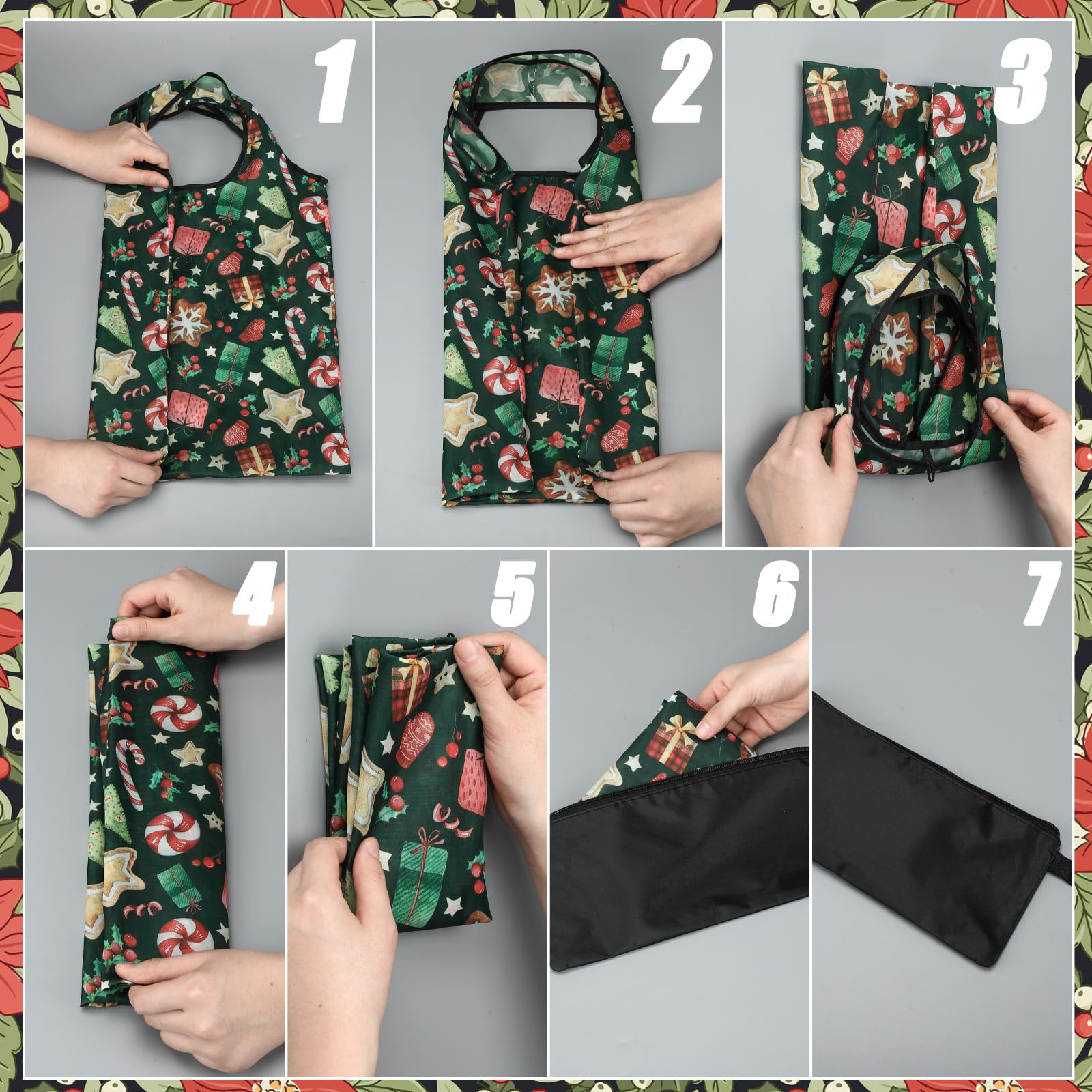 20 Pcs Christmas Gifts Christmas Reusable Grocery Bags Bulk Storage Pouch Shopping Bags Foldable Machine Washable Tote Zipper Pouch for Home