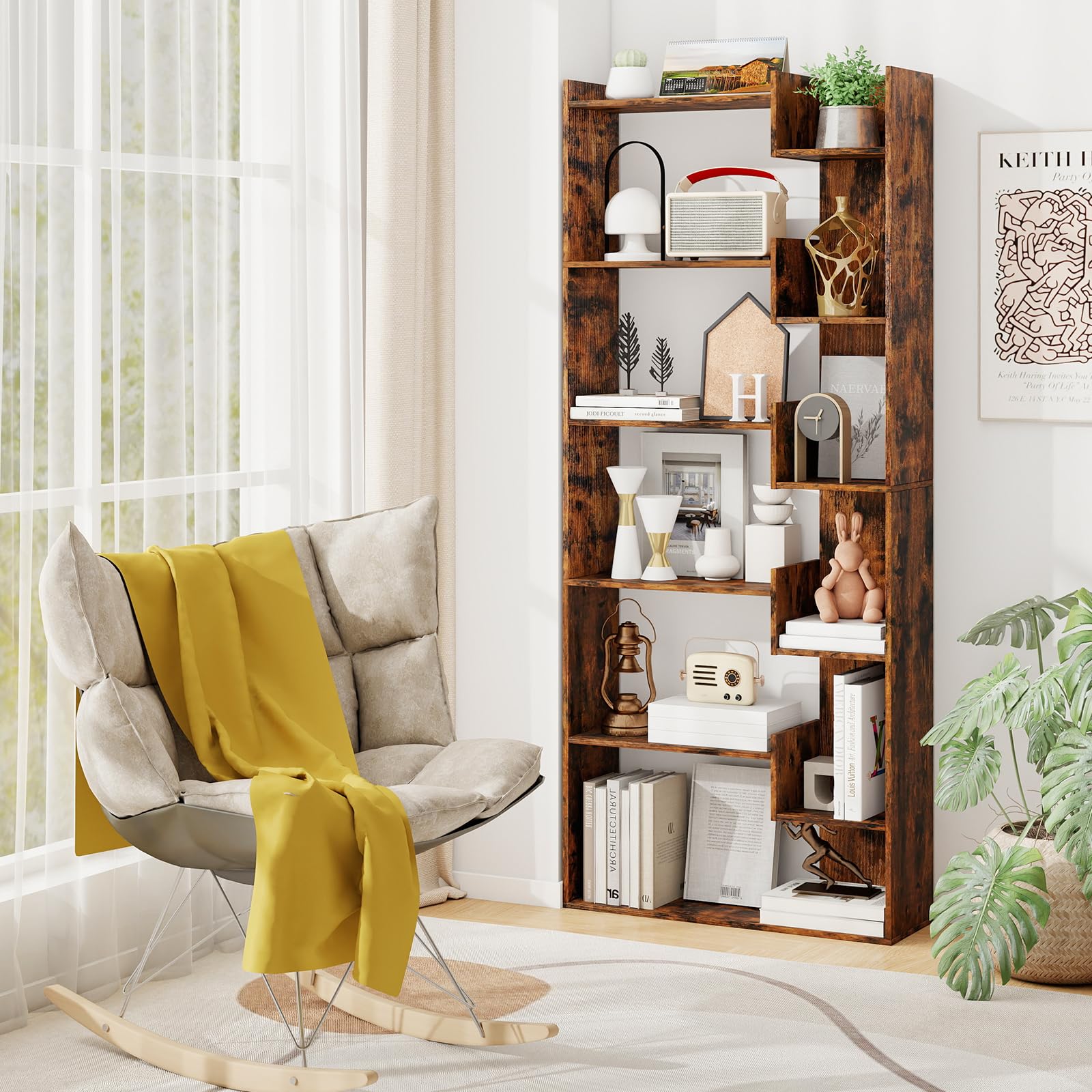 GOPLUS Librería de Madera de 6 Niveles, Estantería Alta con Sistema Antivuelco, Separador de Ambientes Independiente, Soporte de Exhibición para Dormitorio y Oficina (Marrón Rústico)