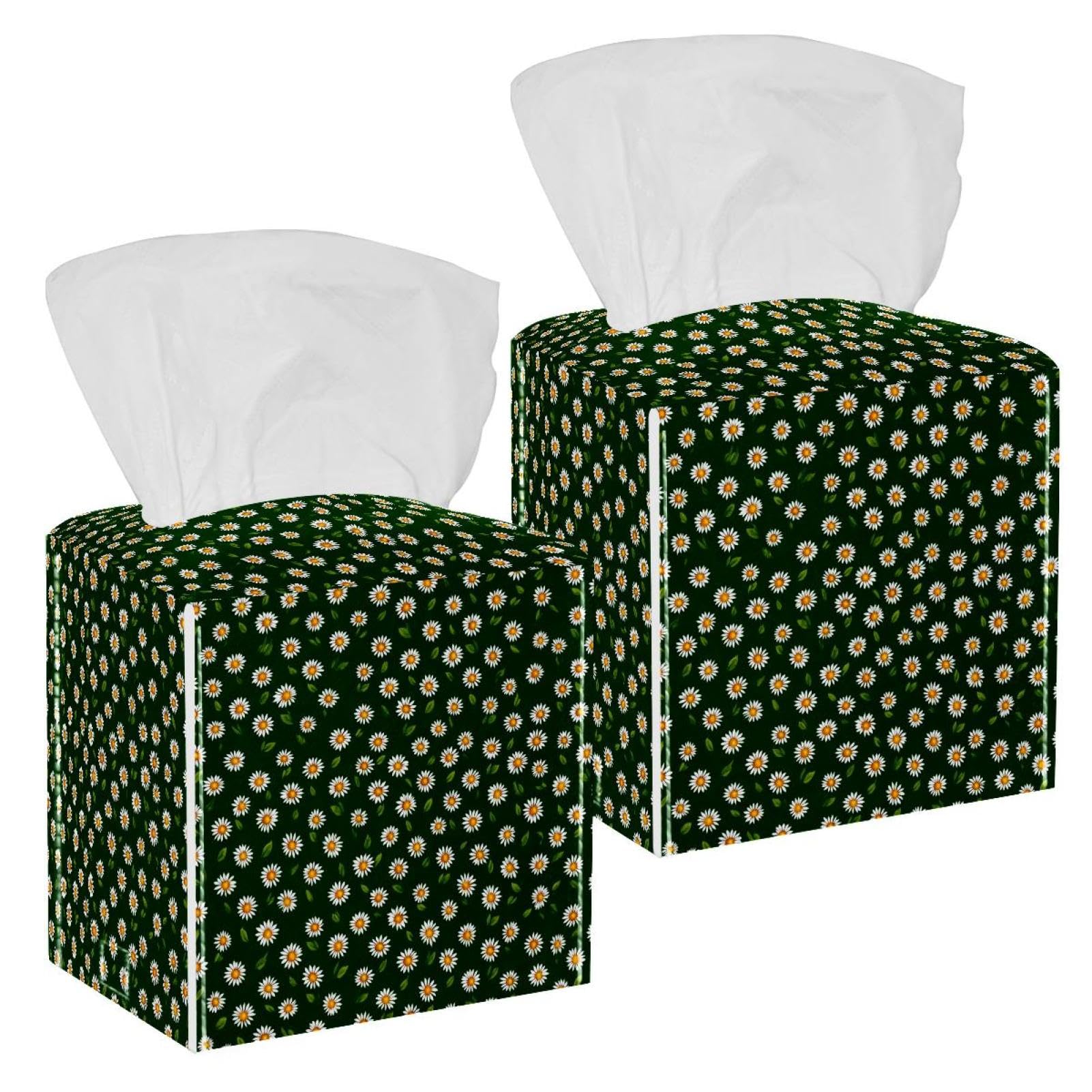 Daisy Tissue Box Cover, 2 Pack PU Leather Square Facial Tissue Dispenser Box holder for Home Office Car