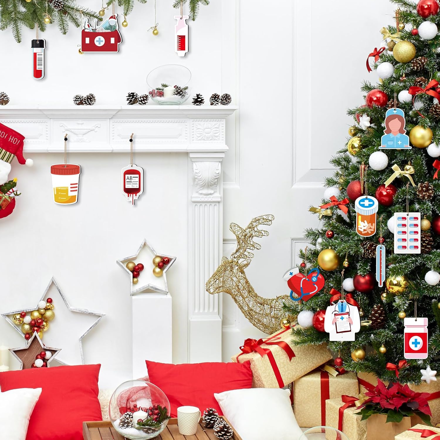 48 Pcs Christmas Nurse Wood Ornament Nurse Appreciation Gift Scrub Life Nurses Tray Ornament Medicine Uniform Stethoscope First Aid Thermometer Hanging Wooden Pharmacy Decorations for Christmas Tree - Image 7