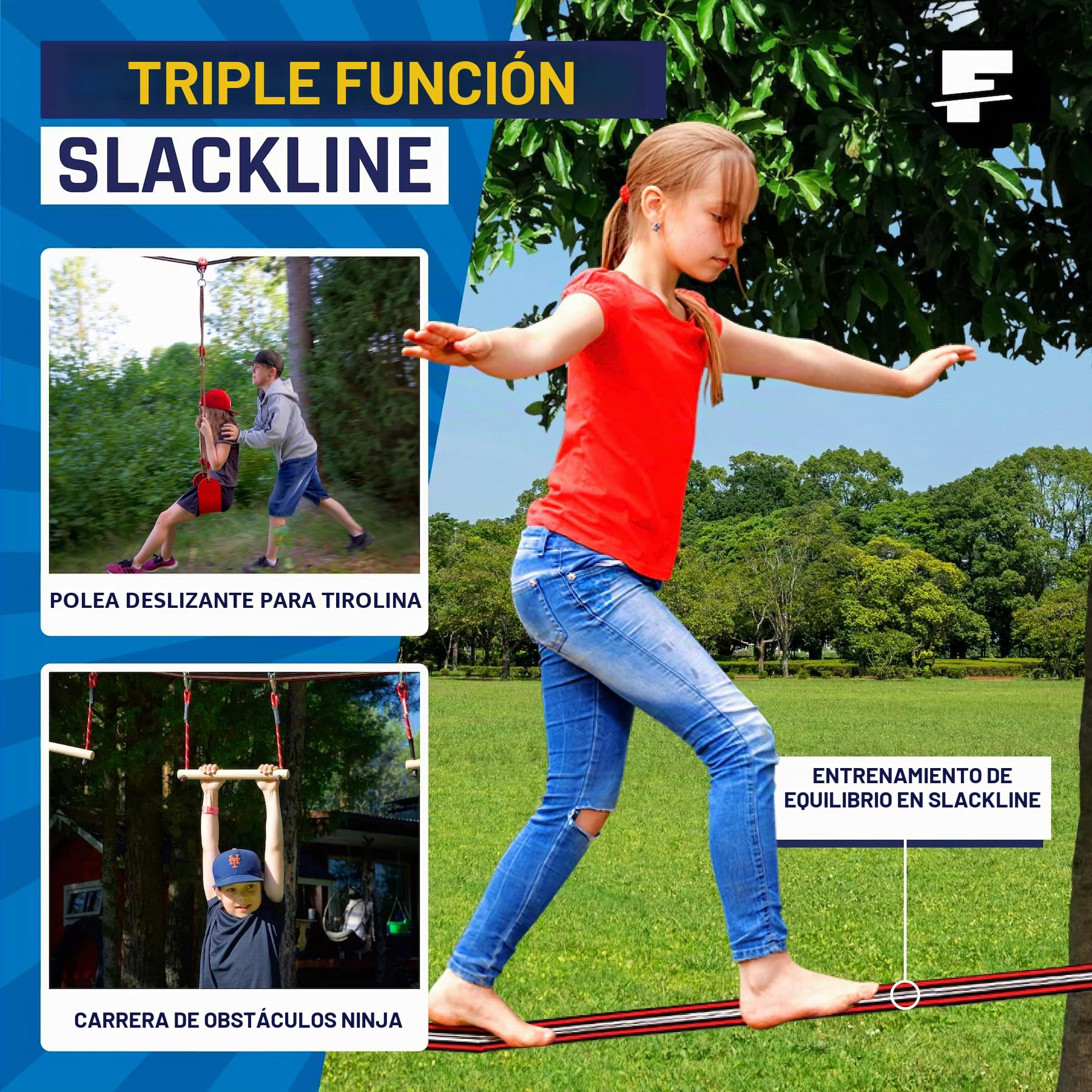 Ninja Warrior Obstacle Course for Kids Outside - 19.8 Meters, Including Ninja Slider - 11 Obstacles - Climbing Ladder, Spinning Wheel, Gym Ring