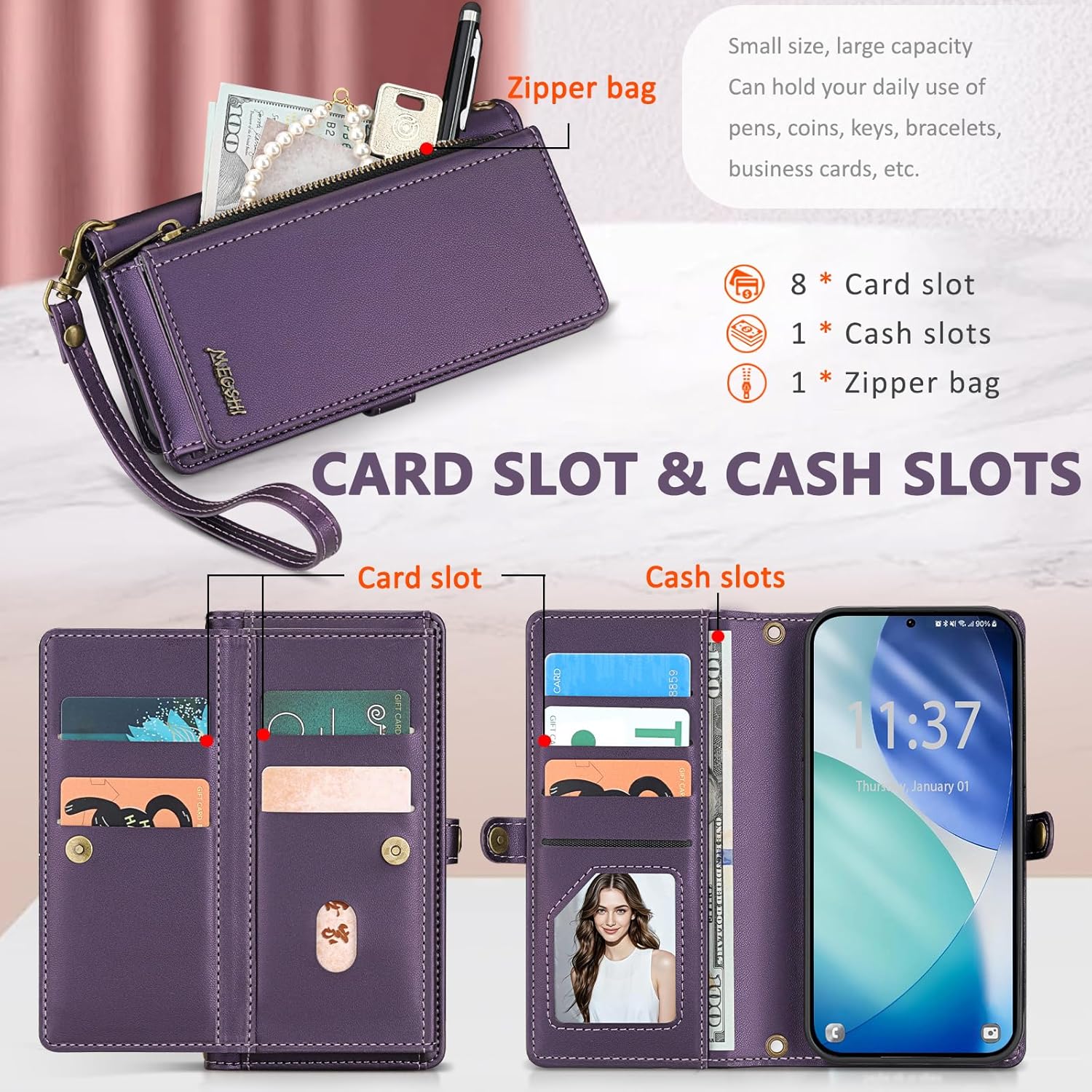 for Samsumg Galaxy S26 Wallet Case, Detachable Magnetic Phone Case,Faux Leather Strap Wallet,with RFID Blocking,Zipper Card Holder,Shoulder Straps (Purple)