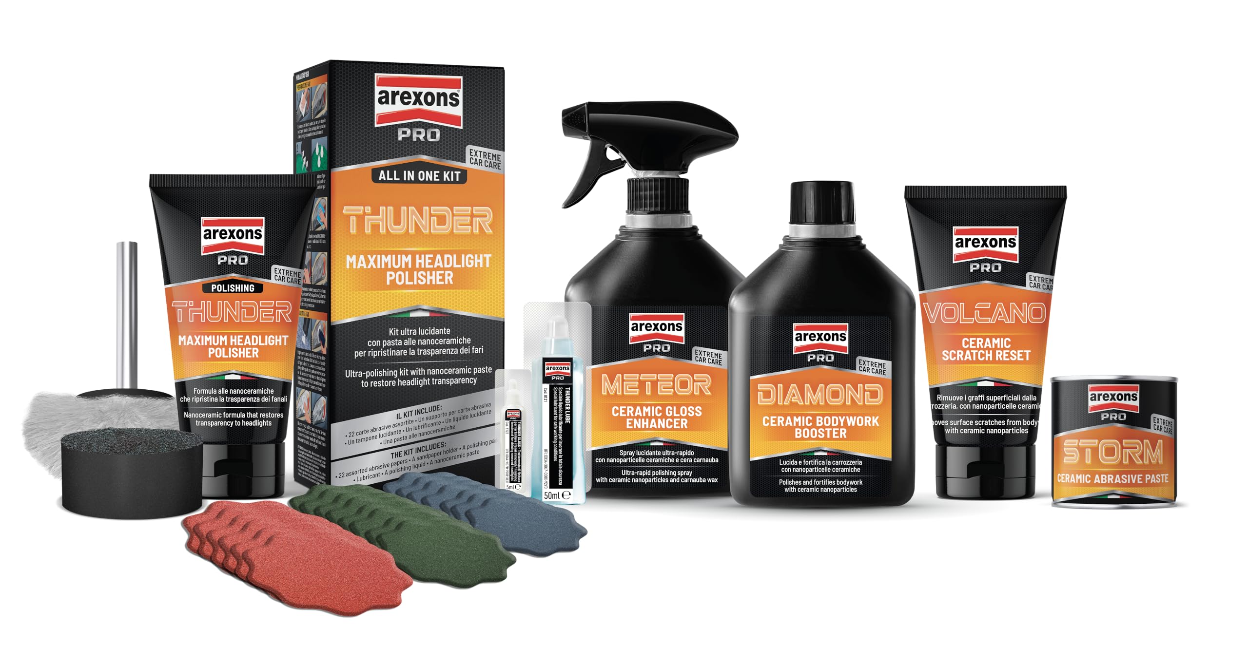Arexons Car Care Pro THUNDER - Kit Ultra Lucidante Rinnova Fanali, Ripristina la Trasparenza dei Fari, Pasta alle Nano Ceramiche, Lubrificante, Liquido Lucidante e Carte Abrasive