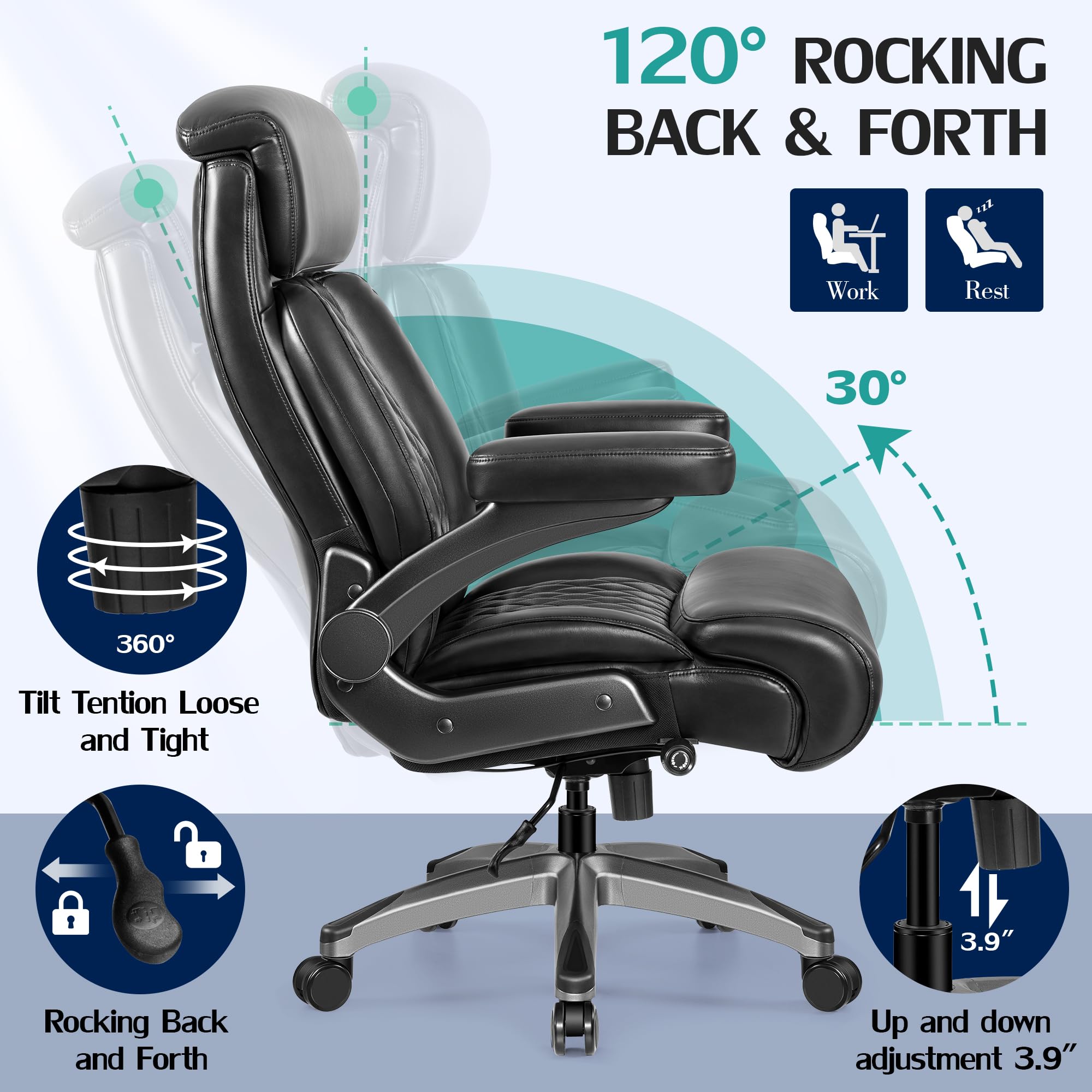 HeroSet 500lbs Executive Office Chair Big and Tall Home Desk Chairs for Large People Heavy Duty PU Leather — view 7