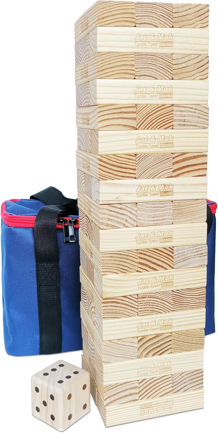 Jac & Mok Tumble Tower Wooden Toppling Blocks Game Set,Stacking Timber Games with Carrying Bag (54 pcs Large Tumble Tower with Dice)