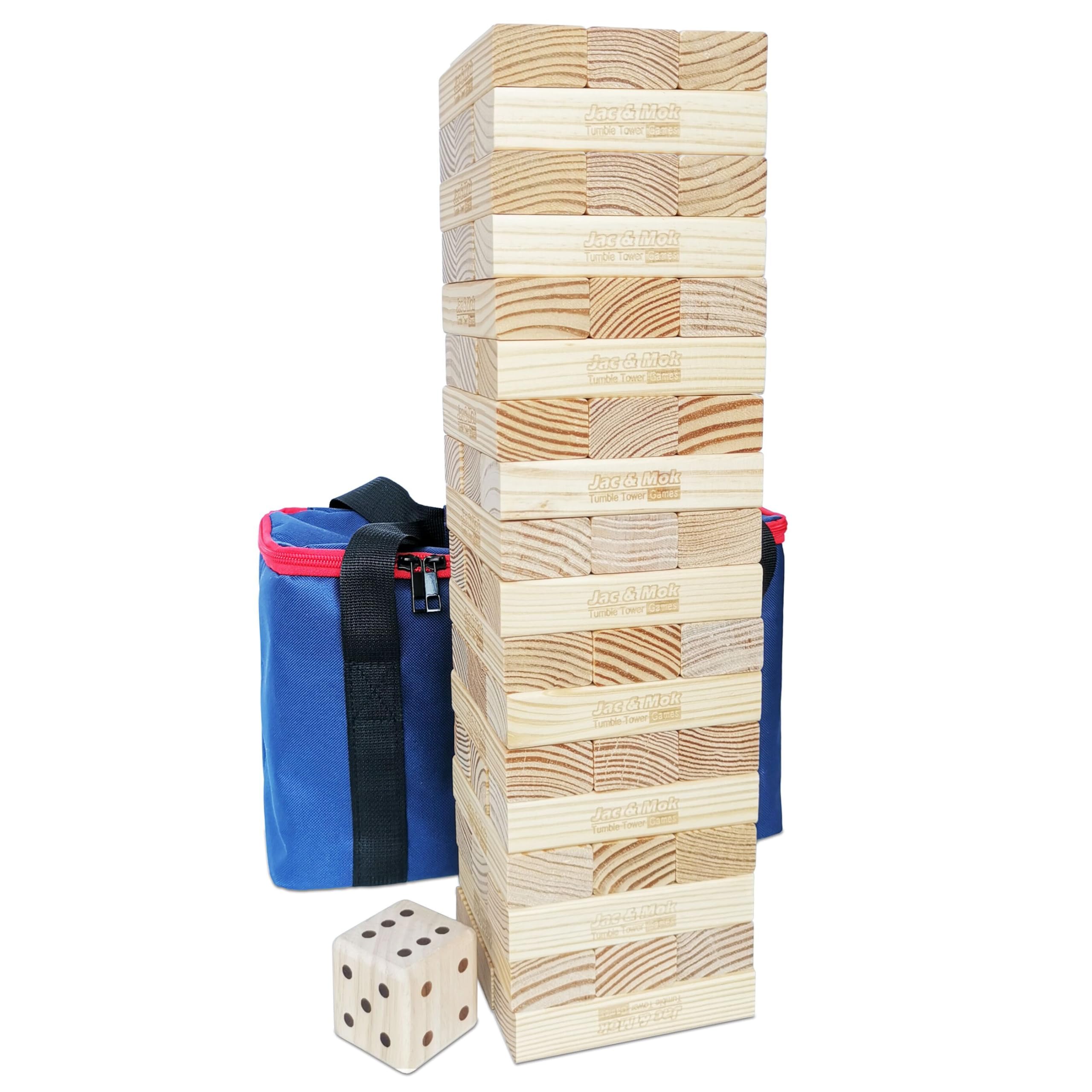 Jac & Mok Tumble Tower Wooden Toppling Blocks Game set,Large Table Top Stacking Timber Games with Carrying Bag (54 pcs Large Tumble Tower with Dice)