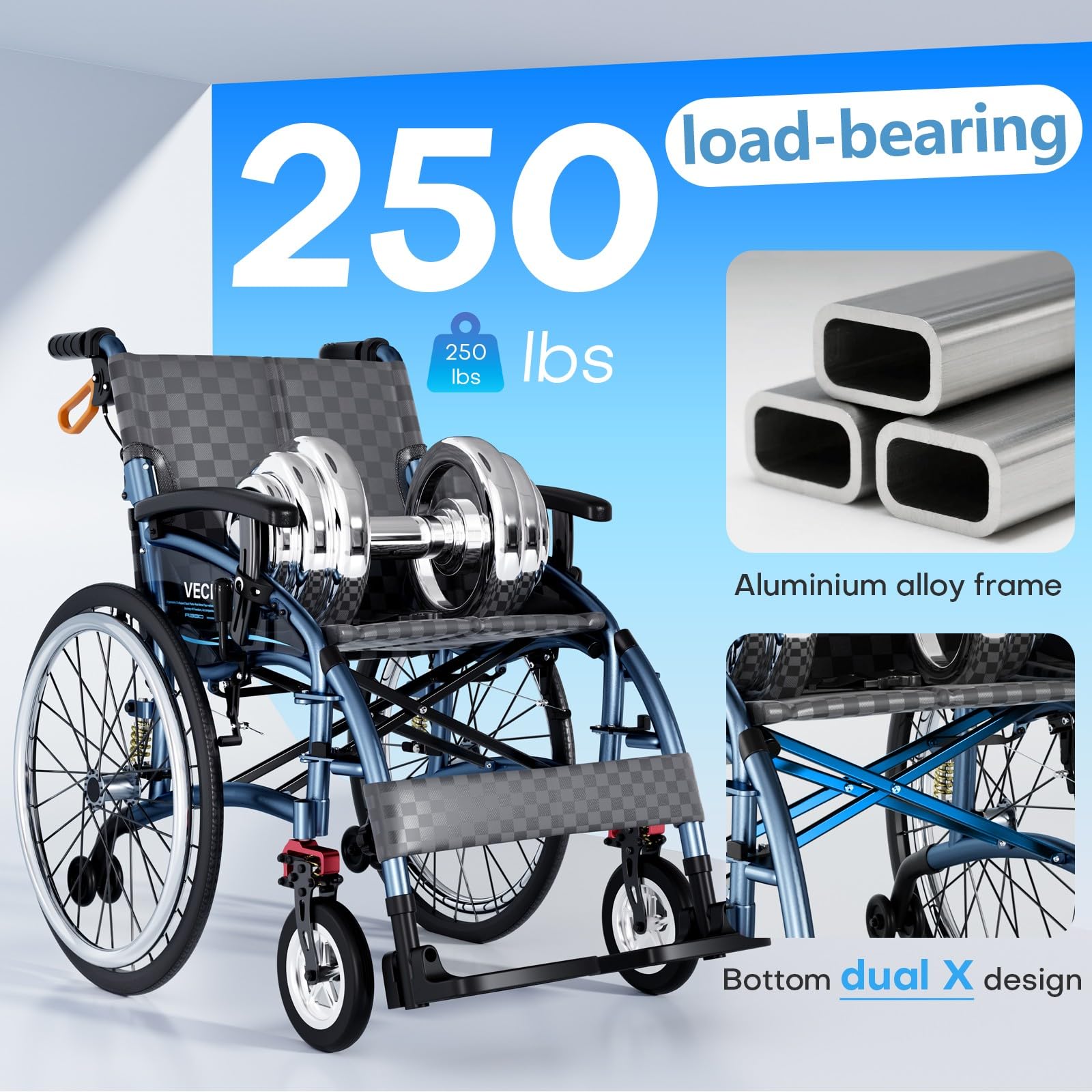 Sedia a Rotelle Pieghevole Leggera ad Autospinta, Sedia a Rotelle Autospinta con Ammortizzazione Regolabile, Capacità di Carico 200 kg, per Disabili ed Anziani