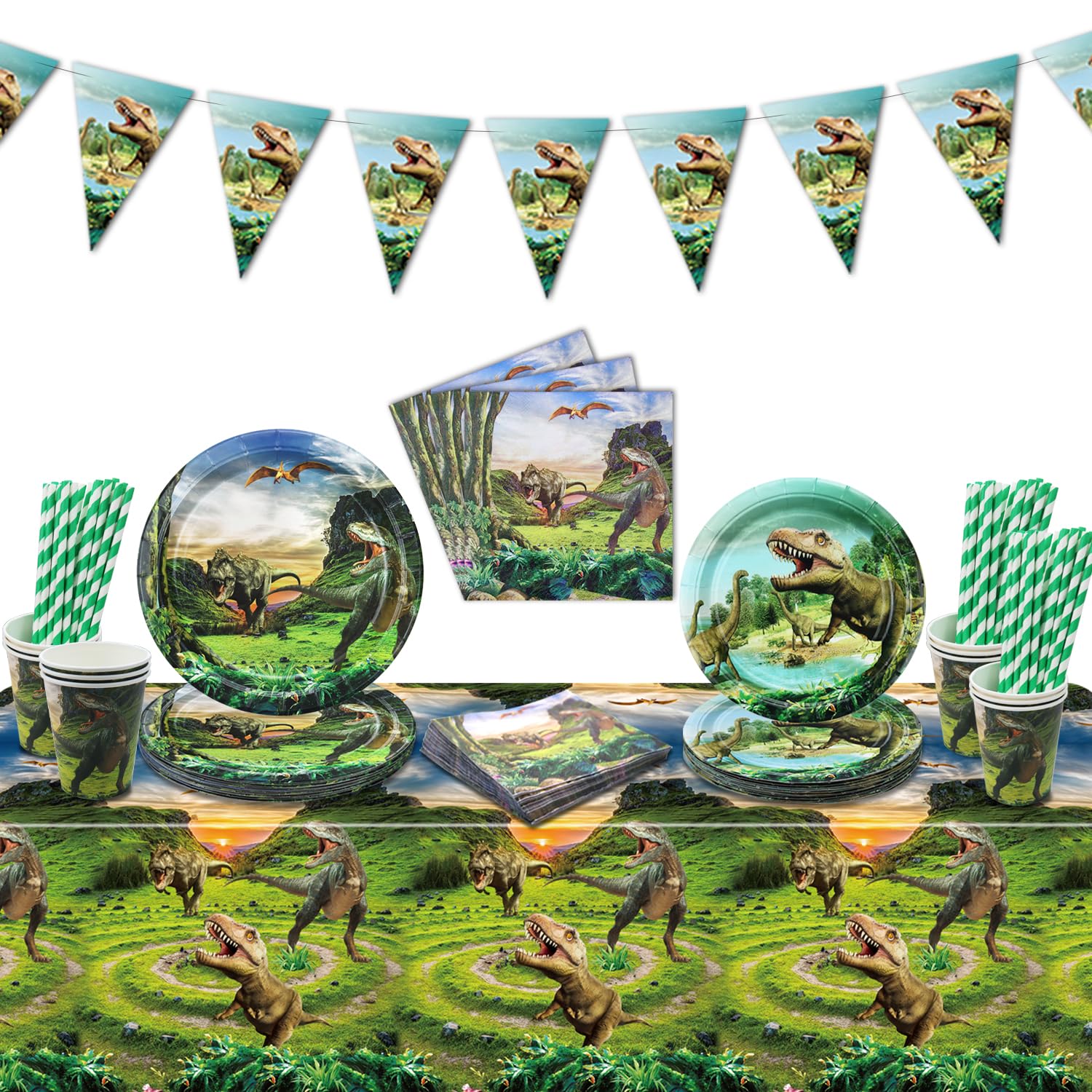 Dinosaurs Party Decorations - Including Dinosaurs Paper Plates Napkins, Cups, Dino Tablecloth, Banner for Kids Baby Shower Dinosaur Birthday Supplies, Serves 20