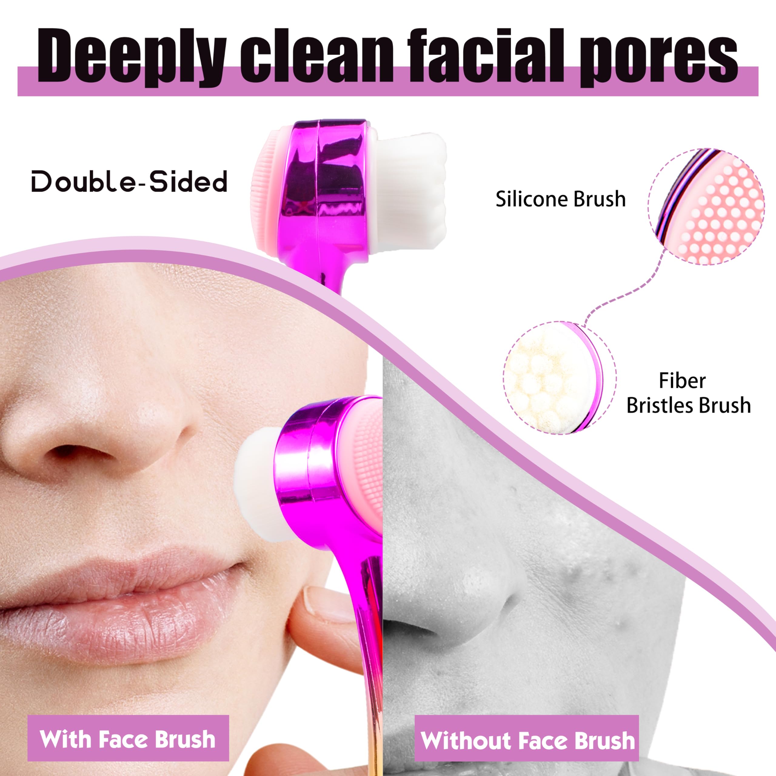 Gesichtsreinigungsbürste, 2-in-1, doppelseitige Gesichtsreinigungsbürste mit weichen Borsten für tiefes Porenpeeling, Wasch-Make-up, Massage, Gold und Rosa, 4 Stück