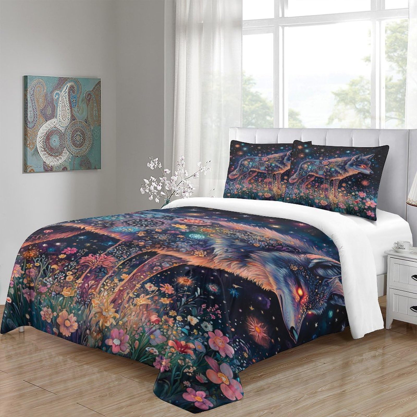 Fantasia di lupi stellati Impressione 3D 3 pz coperteletto arte digitale stile surreale fodera per edredone microfibra ipoallergenica zip per bambini uomini adulti King（220x240cm）
