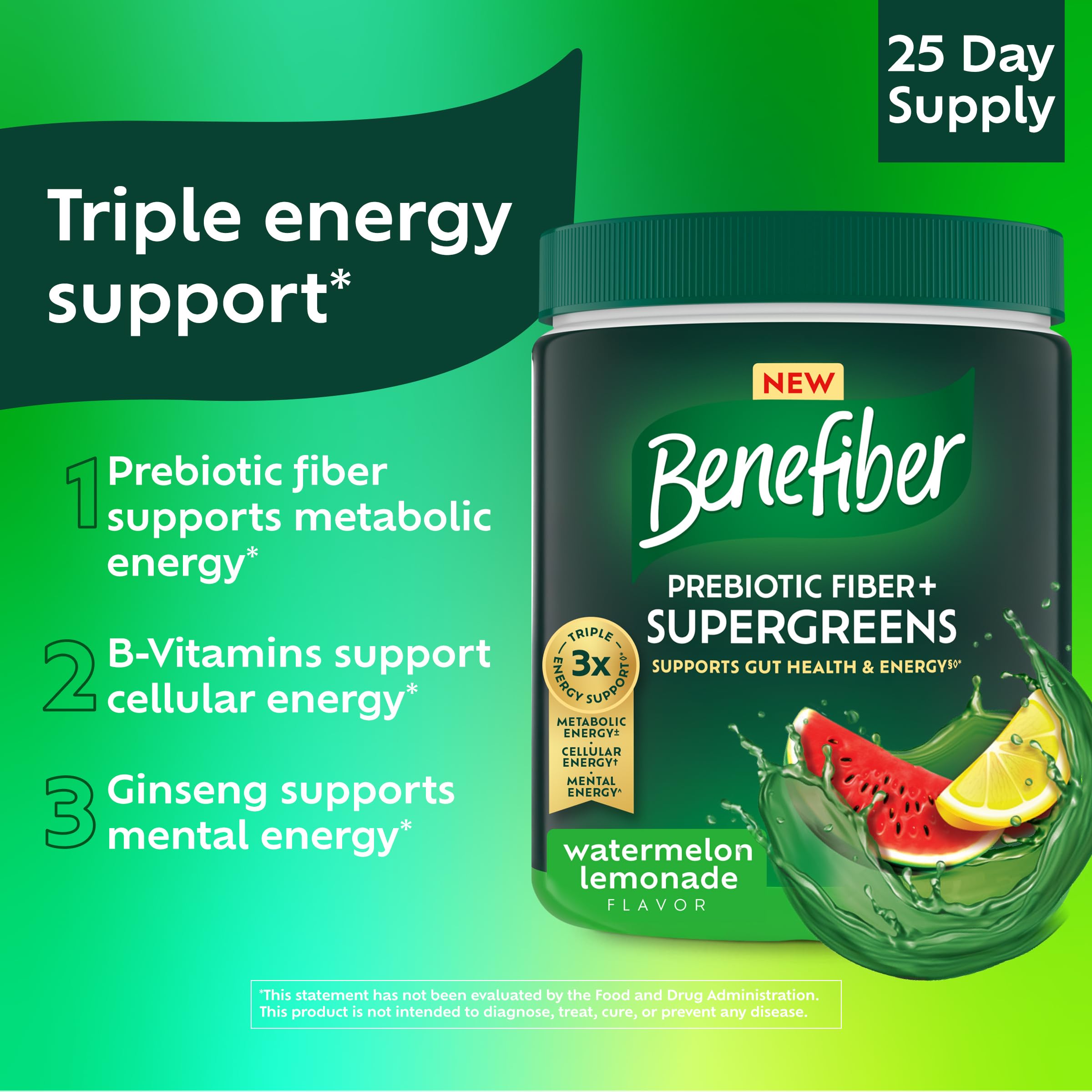 Benefiber Prebiotic Fiber + Supergreens, Watermelon Lemonade Flavor, 8.8 oz — Amazon image 6