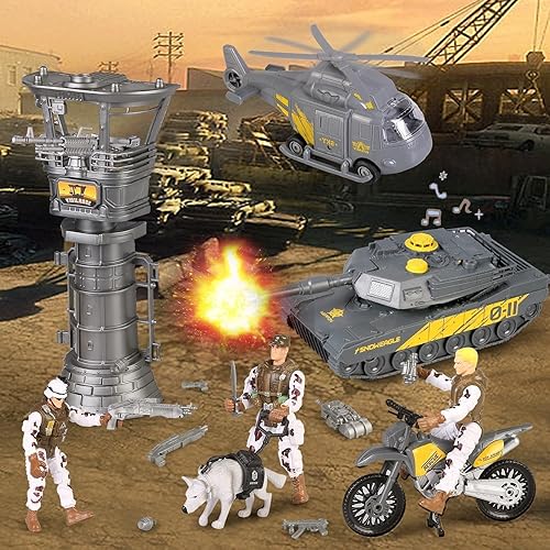 Miniatura 4 de Juego de juguetes de base militar, vehículos militares, helicópteros, figuras de acción de soldado y accesorios de equipo de armas, juguetes de