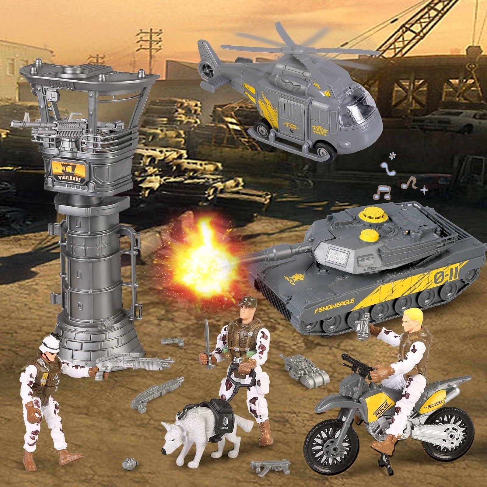 Militare Base Toys Set, Veicoli Militari Elicottero Tank Toys, Esercito Uomini Soldati Action Figure e Arma Gear Accessori Militari Combattimento Moto Giocattoli Regalo per Bambini Ragazzi Età 3+