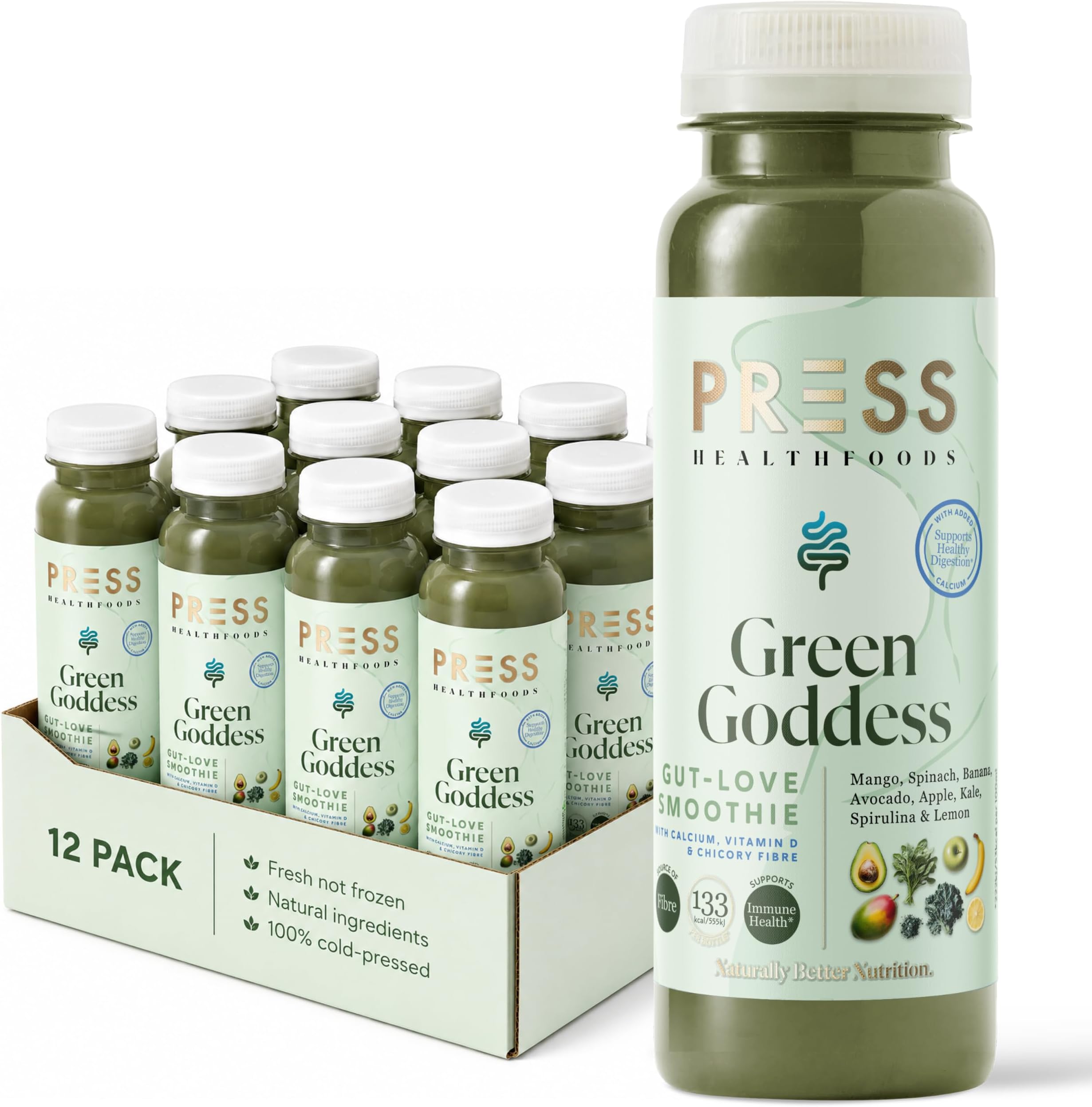 โ PRESS Healthfoods Green Goddess Gut Love Smoothie 12 x 250ml | Cold Pressed Super Greens Smoothie with Apples, Mango, Avocado & Spinach | Spirulina & Chicory Inulin | Antioxidant Rich | No Added Sugar