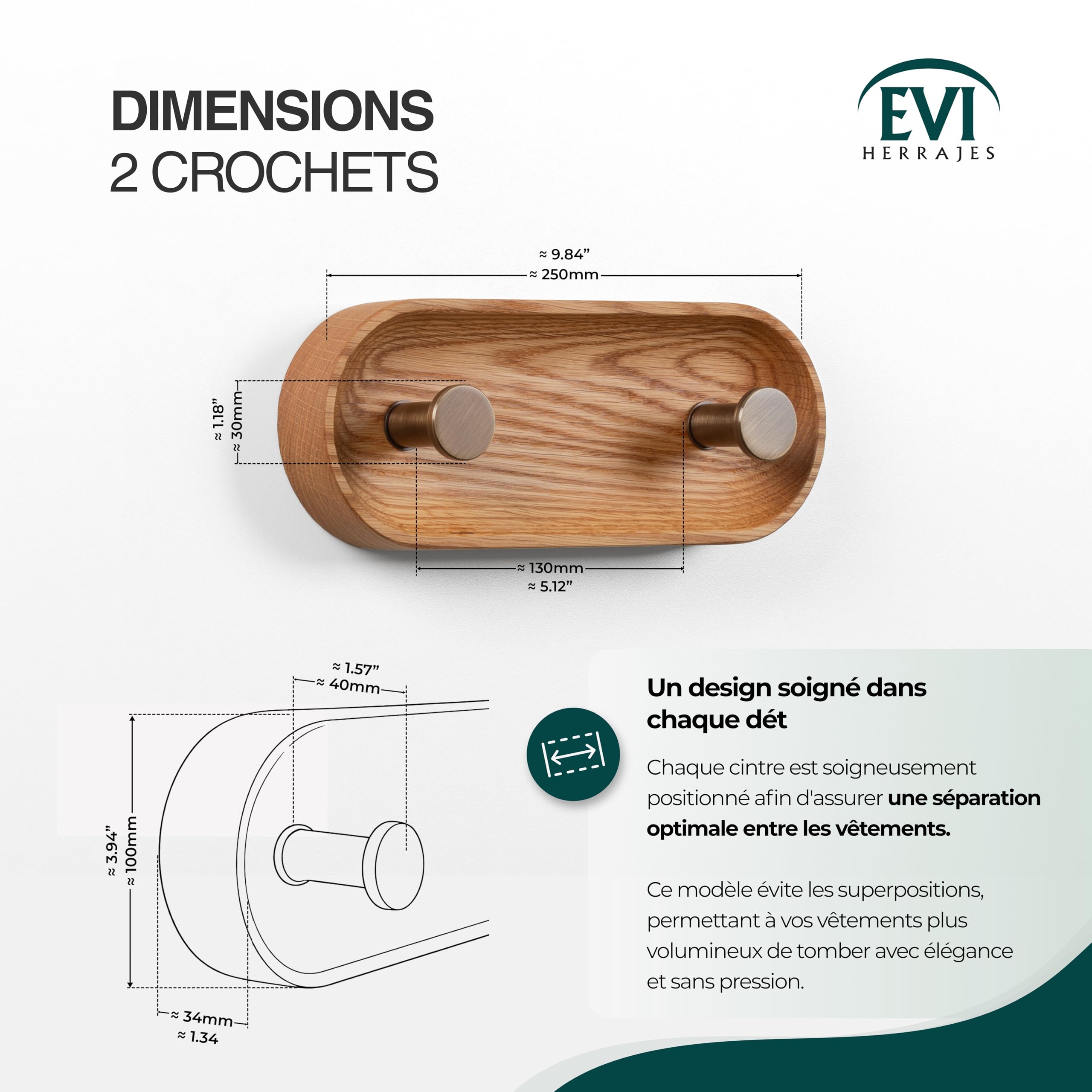 EVI Herrajes | Patère murale | Bois de chêne massif | Crochets laiton vieilli cuir | 2 crochets | Kit de montage inclus | Mod. Cova 2CROCU