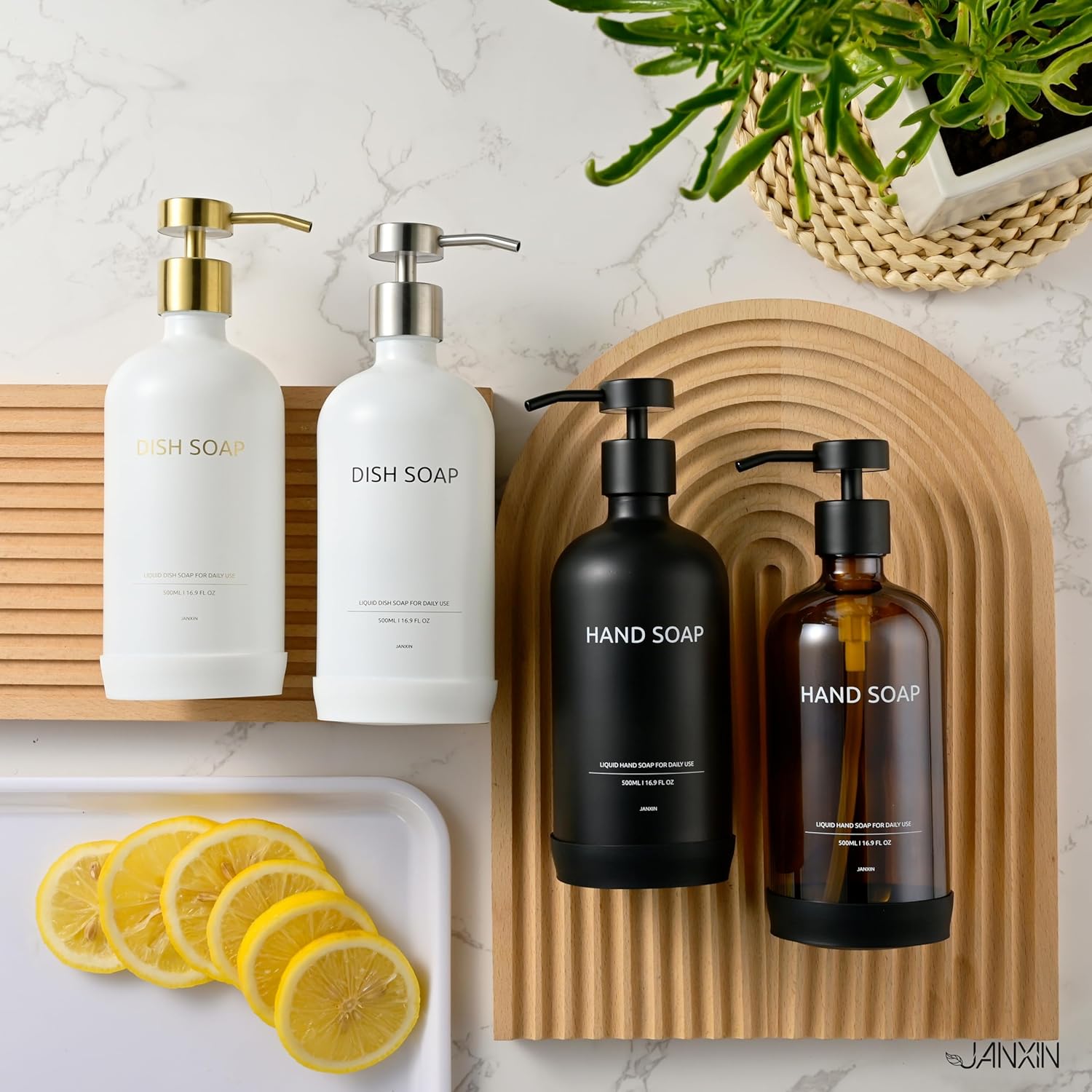 Glass Soap Dispenser Set by Janxin,Bathroom Soap Dispenser Set with Ceramic Tray,Luxury Bathroom Accessories,Modern Kitchen Decor (White+Gold(Hand Soap)) - Image 7