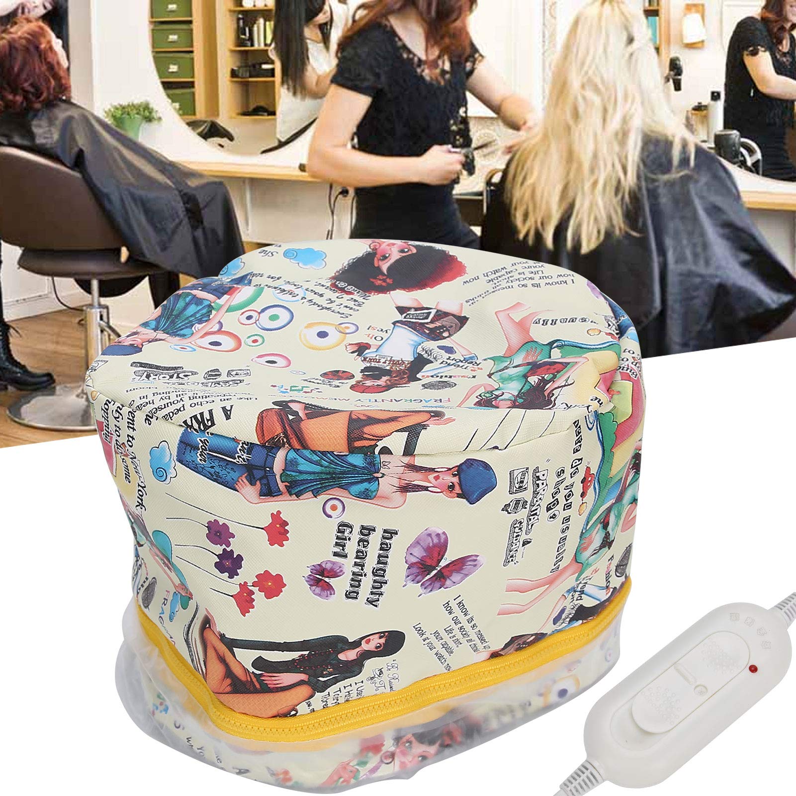 Heating Cap For Deep Conditioning, 3 Gear White Fashion Pattern Adjustable Brim Hair Thermal Treatment Cap with Over Temperature Protection for Home Use (White with Pattern)