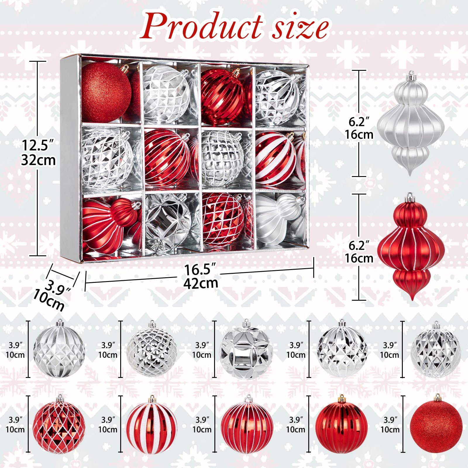 Hollyone 10CM 16CM Boules de Noël en Plastique, Lot de 12 Décorations pour Sapin de Noël, Rouge et Argent, Décorations Suspendues Incassables pour Noël, Boules de Noël Scintillantes pour Les fêtes