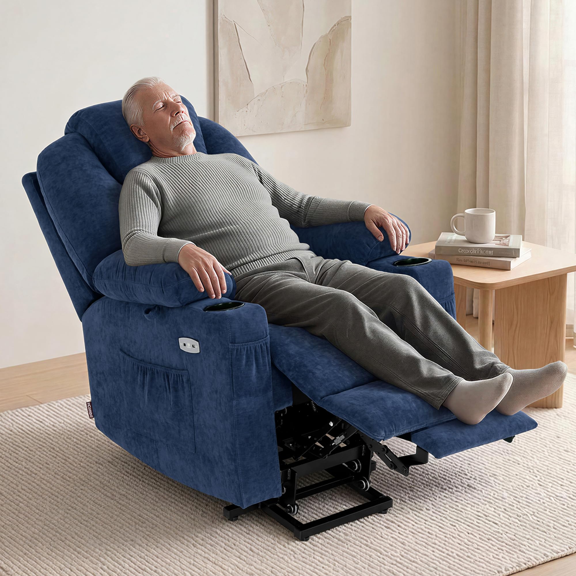 MCombo Power Lift Recliner Chair for Elderly, Lift Chair with Heat and Massage for Tall People, USB&Type C Ports, Extended Footrest, Cup Holders, Fabric 7516(Large,Admiral) - 3