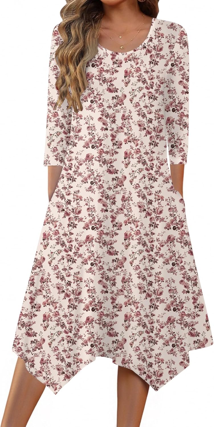 Zeagoo Midi Women 3/4 Sleeve Dress Casual Dresses with Pockets 2025 Fall A Line Dress Elegant Formal Modest Dresses