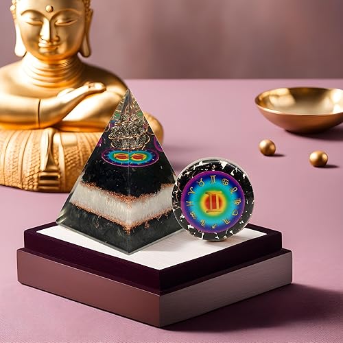 Miniatura 8 de Juego de pirámide de orgón y piedra de palmera, cristal curativo Géminis, signo del zodiaco hecho de pirita y shungita para equilibrio y estabilidad