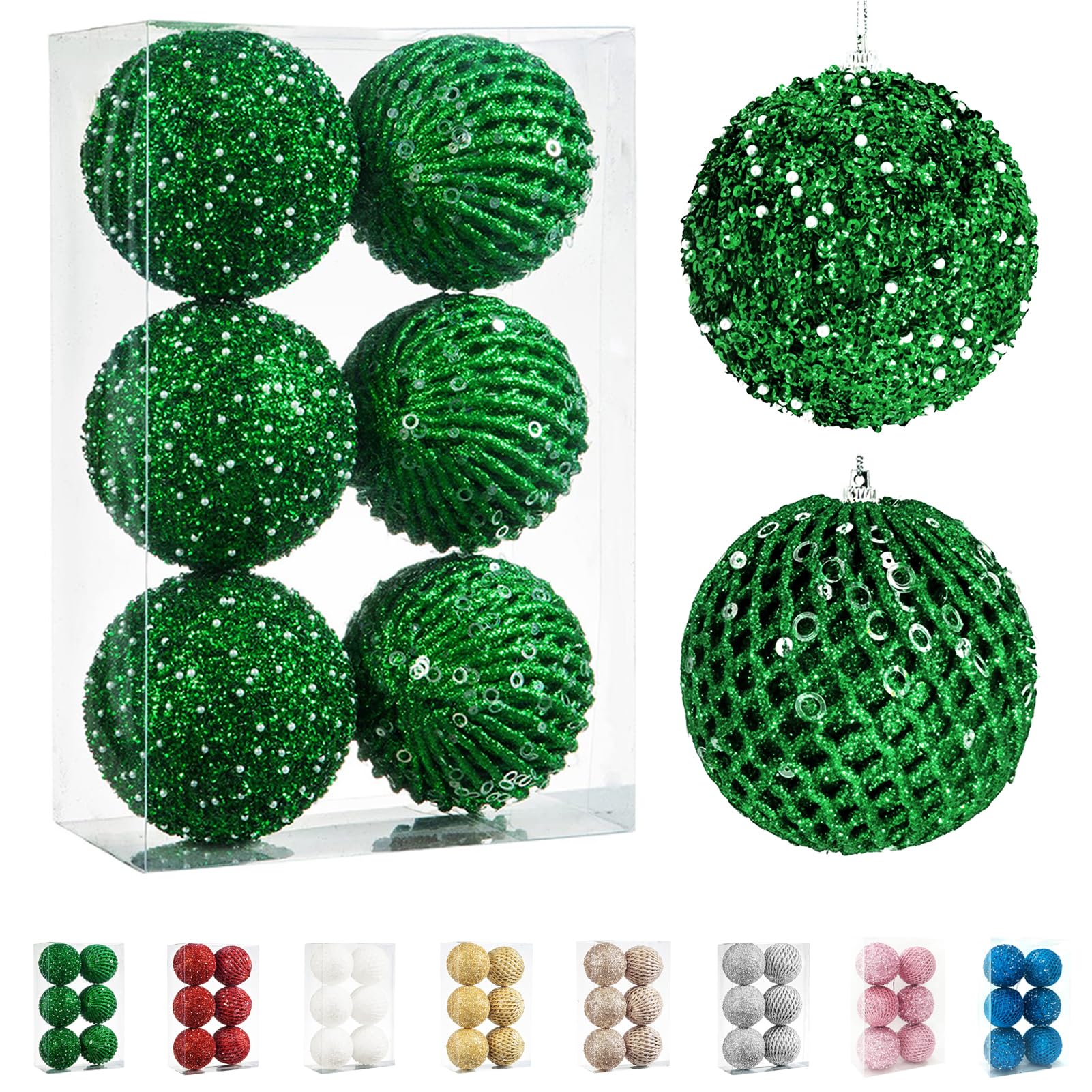 Fassory 6Pcs 10cm Green Christmas Baubles Large Xmas Balls Hanging Ornaments for Christmas Tree Decorations (Green, 10cm)
