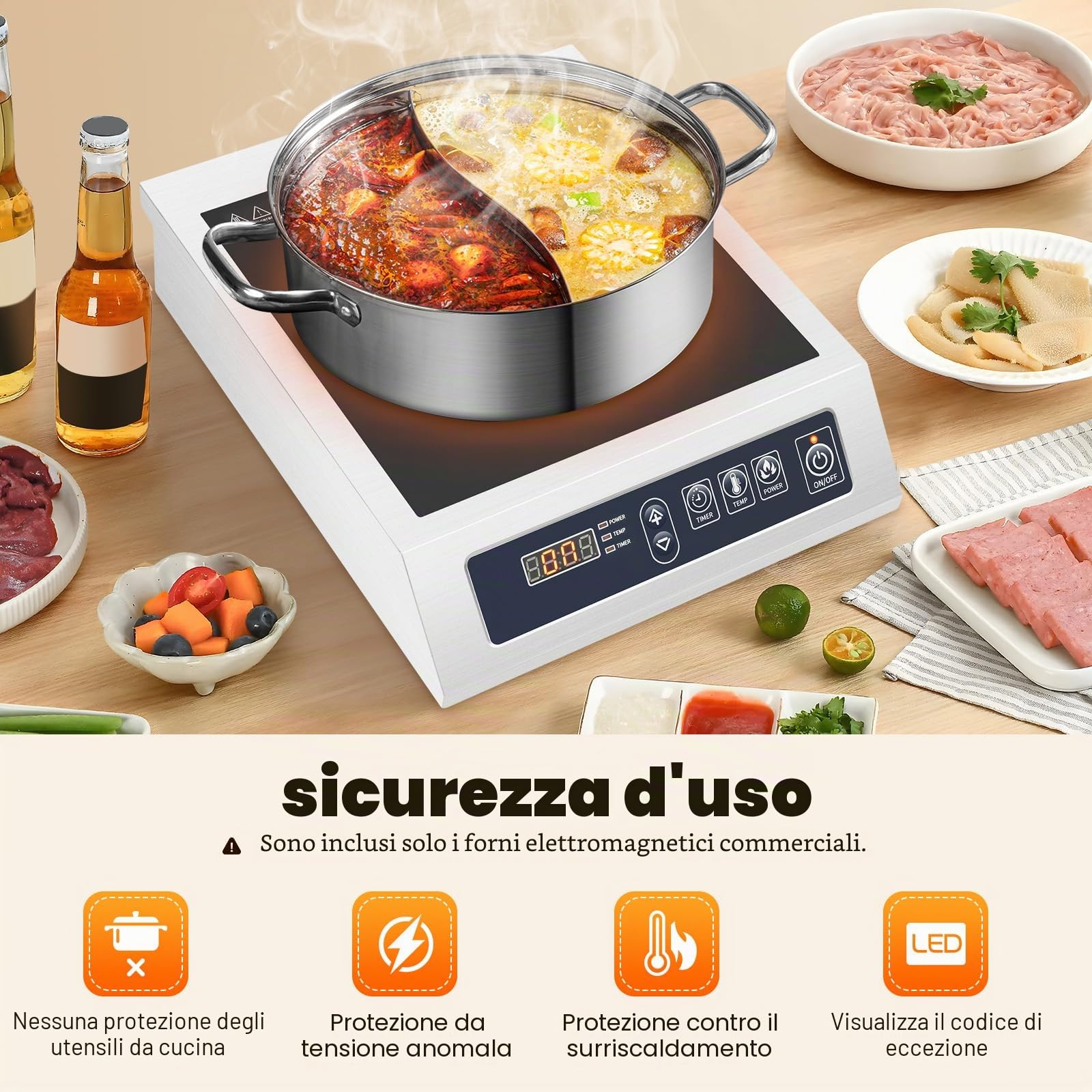 Piano cottura a induzione, 3500 W, 11 livelli di potenza, indicatore LED, rilevamento automatico, piano cottura professionale in acciaio inox con bobina di rame e portata 75 kg, per ristorazione