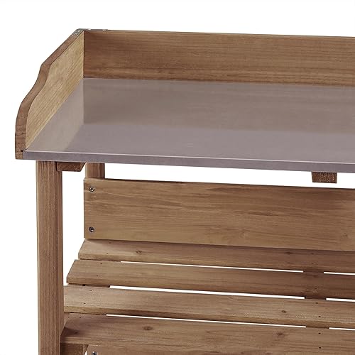 Miniatura 7 de Topeakmart Mesa de banco para macetas con mesa de metal para jardín, estación de trabajo de madera de abeto con estantes de 3 niveles, banco de