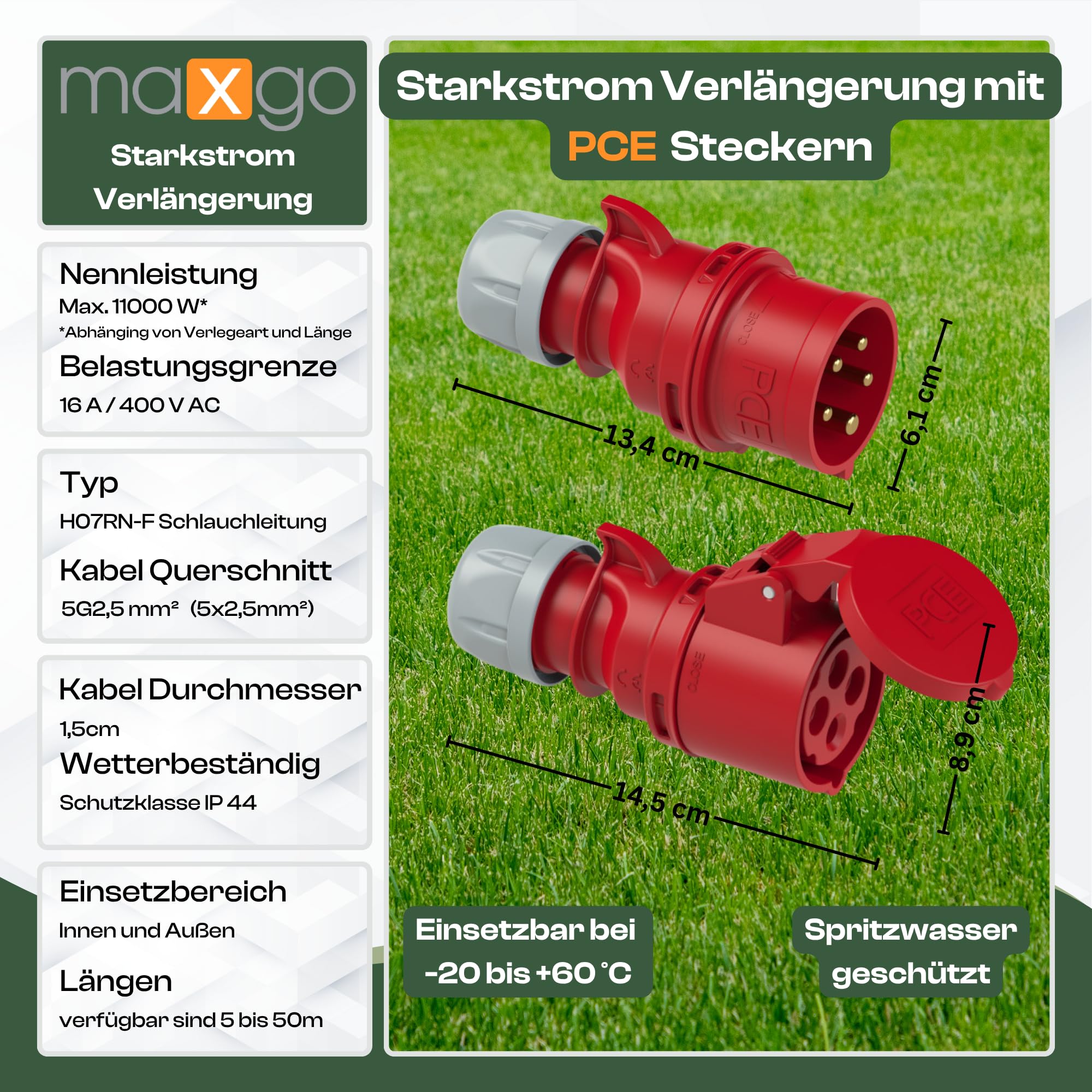 Starkstromkabel 16A 10m H07RN-F 5x2,5 Starkstrom Verlängerungskabel CEE Verlängerung 16 Ampere Kabel 5x2,5mm2 Baustelle Werkstatt Industrie Geeignet Outdoor IP44 Spritzwassergeschütz
