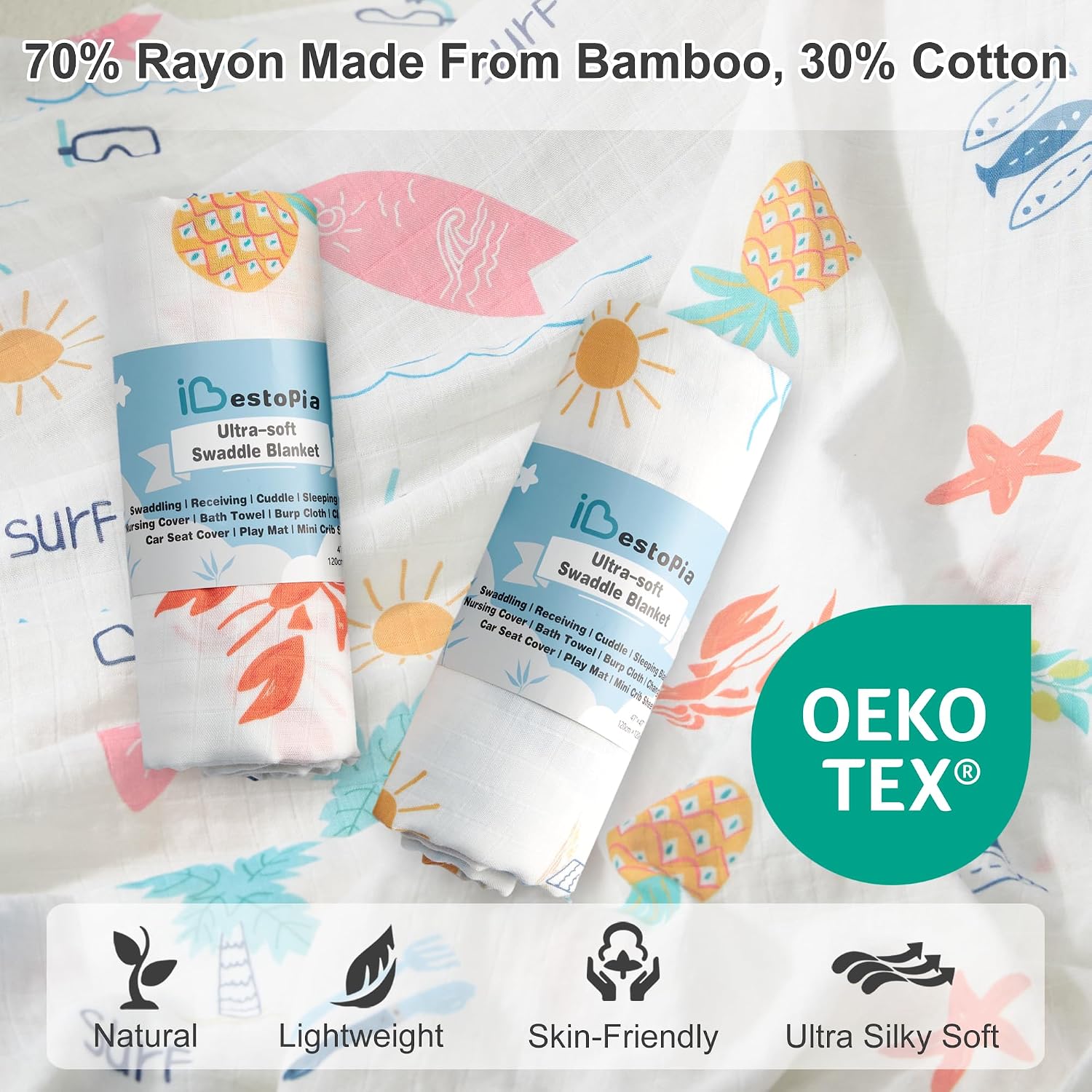 Bamboo Muslin Swaddle Blankets, 2 Pack 47×47 Inch Soft Breathable Hypoallergenic Baby Blanket for Newborn, Beach Fun
