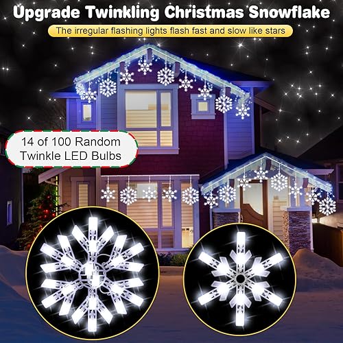 Miniatura 5 de Paquete de 2 luces LED parpadeantes de copos de nieve de Navidad con 6 gotas, 8.8 pies, 14 de 100 luces de copo de nieve de Navidad parpadeantes al