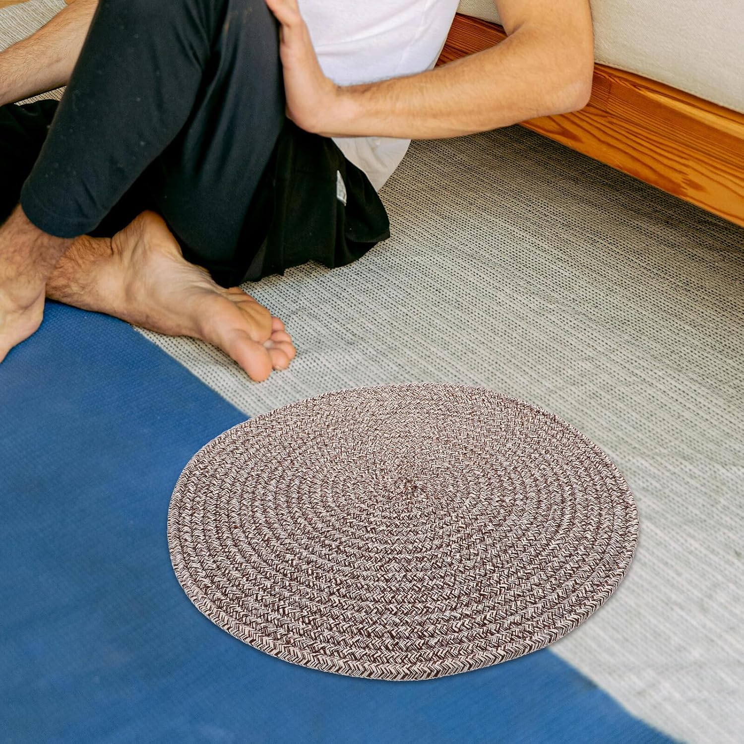 ARTIBETTER Tatami Floor Cushion Round Seat Cushion Handmade Khaki 40cm Diameter 1cm Height Japanese Style Floor Pillow Seating for Small Spaces Home Use