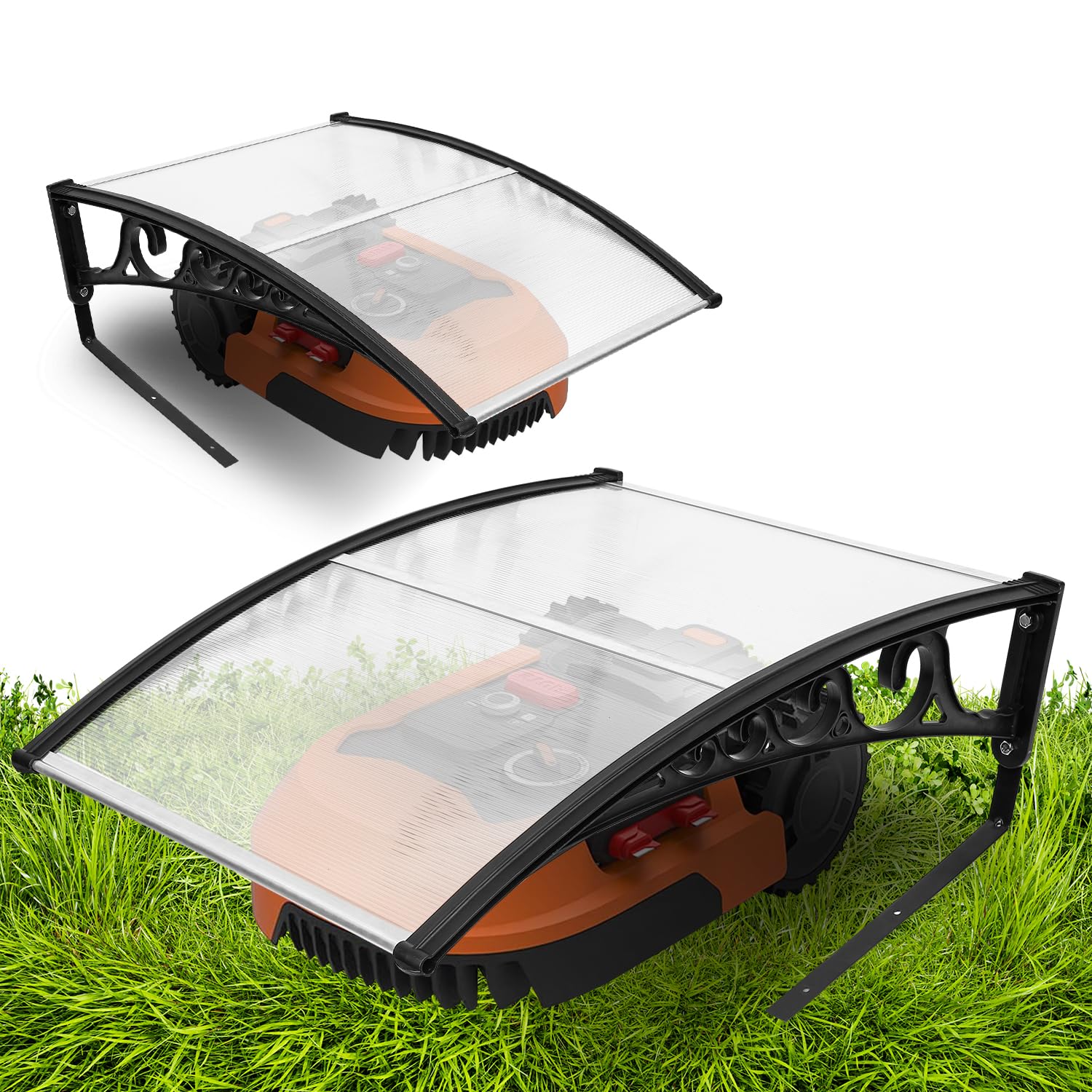 Herrselsam Garage pour robot tondeuse à gazon, 106 x 87 x 50 cm, garage pour robot tondeuse, en polycarbonate, résistant aux intempéries et protection UV, avec pieds en métal (transparent)