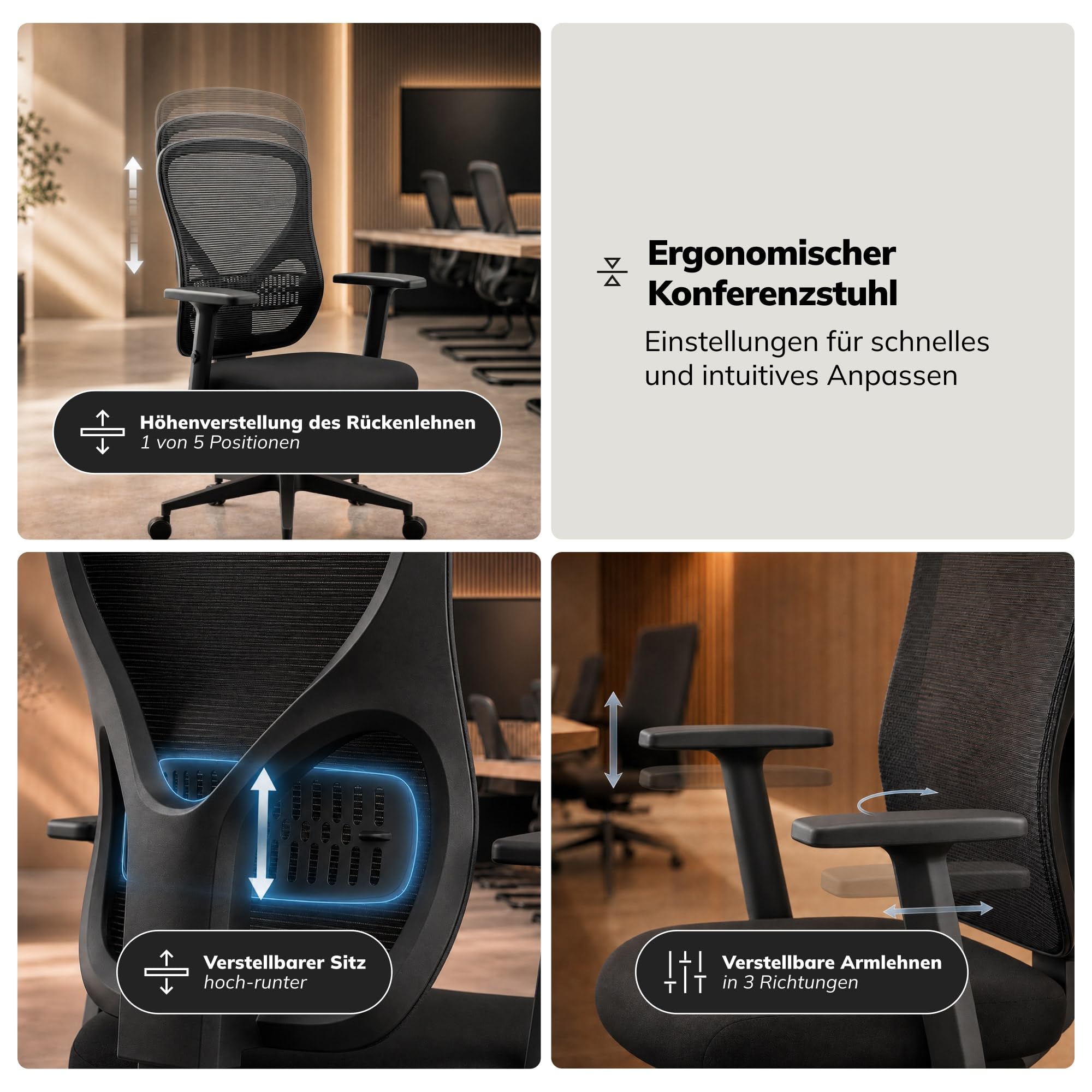 Jan Nowak Bürostuhl ergonomisch Schreibtischstuhl Netz 3D Armlehnen 130 kg | Drehstuhl, Computerstuhl mit Lordosenstütze, Wippmechanik mit 3 Arretierungen, breiter Sitzfläche, Rollen für Büro Homeoffice