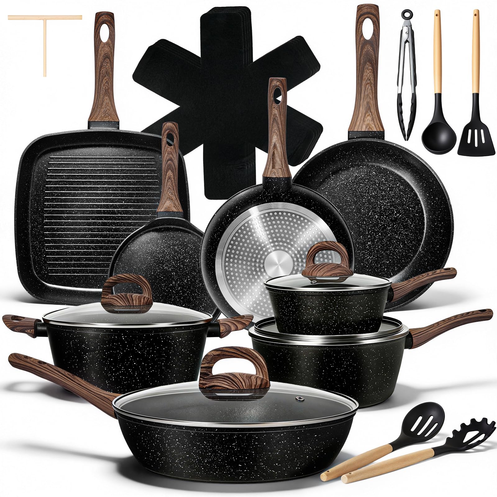 EWFEN 25 Pcs Pots and Pans Set, Nonstick Ceramic Cookware Sets, Healthy Non-Toxic, Large Capacity, Induction Compatible, Cooking Set with Frying Pans & Saucepans, PFAS/PTFE/PFOA Free, Classic Black