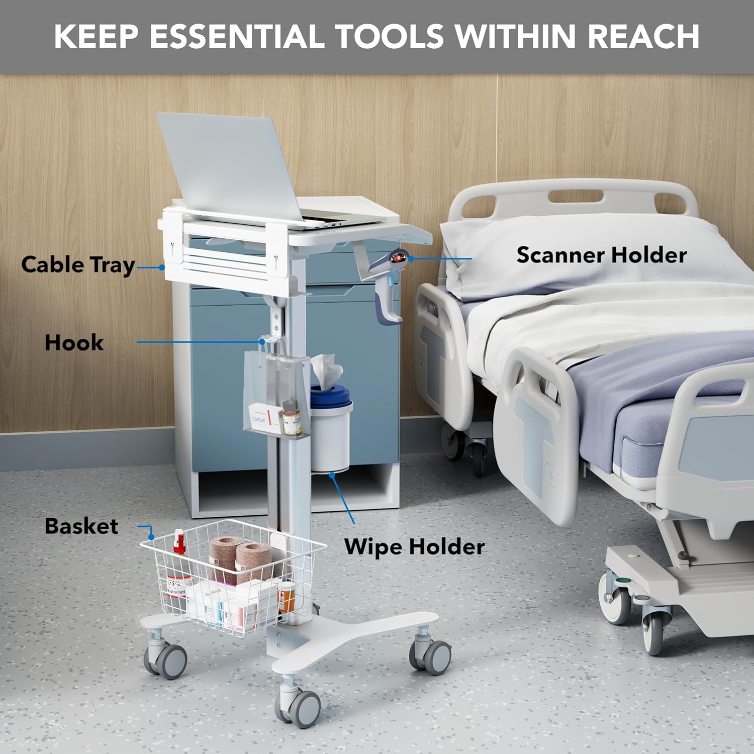 Mount-It! Height Adjustable Medical Laptop Cart, Mobile Rolling Workstation with Secure Laptop Holder, Cable Management, and Storage Hooks – Ergonomic Sit-to-Stand Cart for Clinics and Hospitals