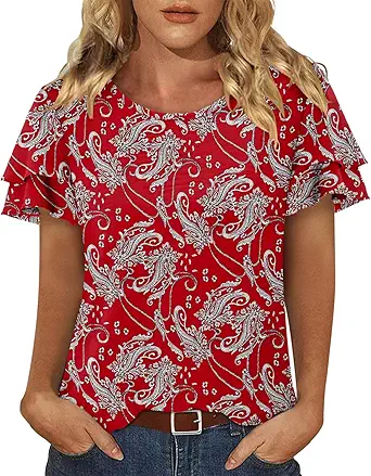 CRAZY GRID Women's Shirts Summer Casual Crewneck Ruffle Short Sleeve Blouses Cute Floral Print Tunic Tops