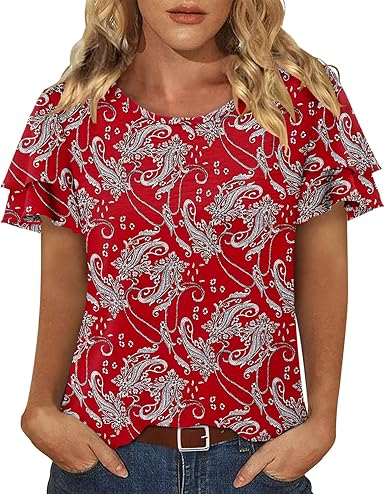 CRAZY GRID Women's Shirts Summer Casual Crewneck Ruffle Short Sleeve Blouses Cute Floral Print Tunic Tops