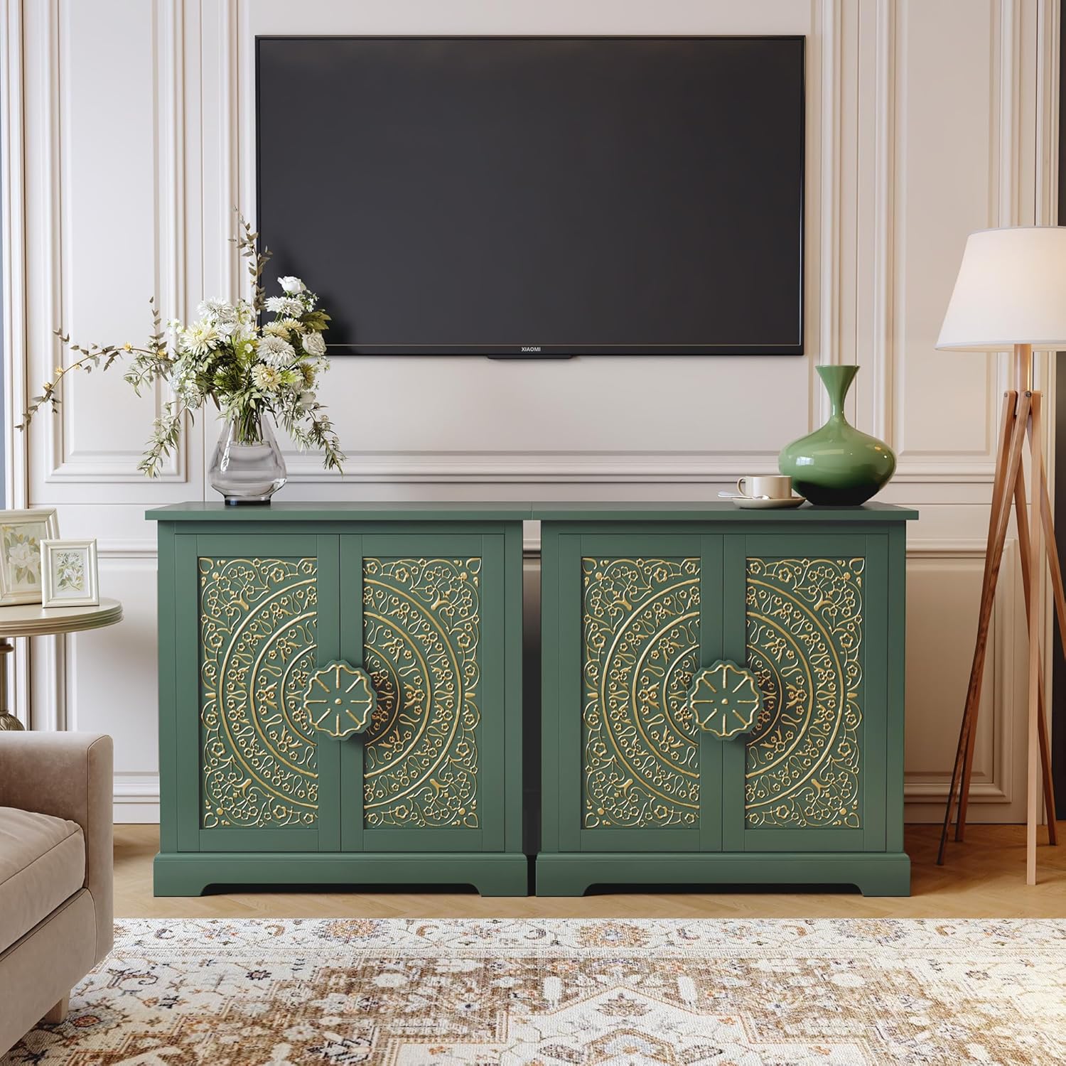 ARTPOWER Embossed Accent Cabinet with Gold Florals Pattern, Vintage Sideboard Buffet Cabinet, Credenza Storage Cabinets with Doors and Shelves for Living Room, Dining Room, Entryway, Hallway, Green